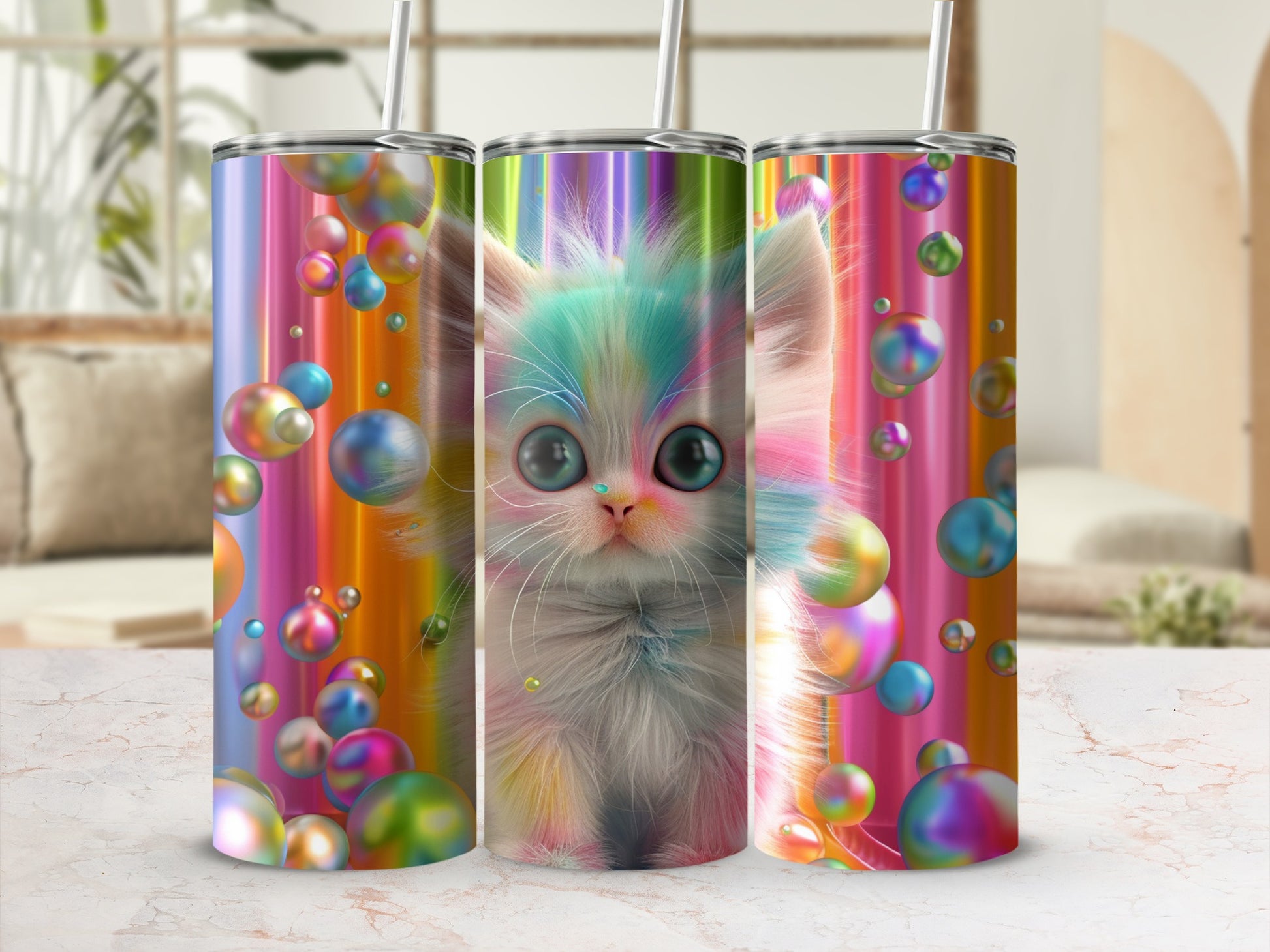 Colorful kitten with large blue eyes surrounded by iridescent bubbles on a gradient tumbler.