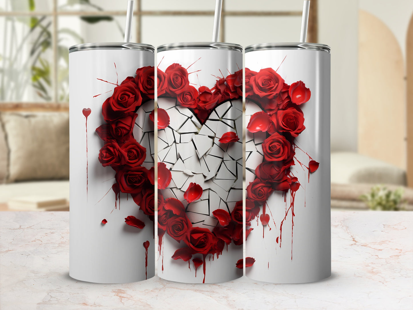 Cracked Heart Design with Red Roses Tumbler Cup