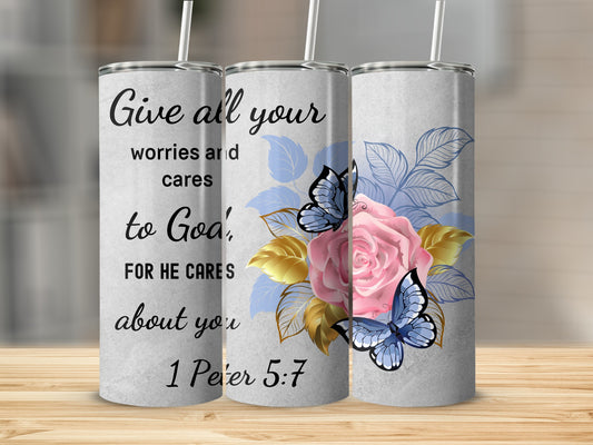 Inspirational 1 Peter 5:7 Floral Tumbler with Butterflies
