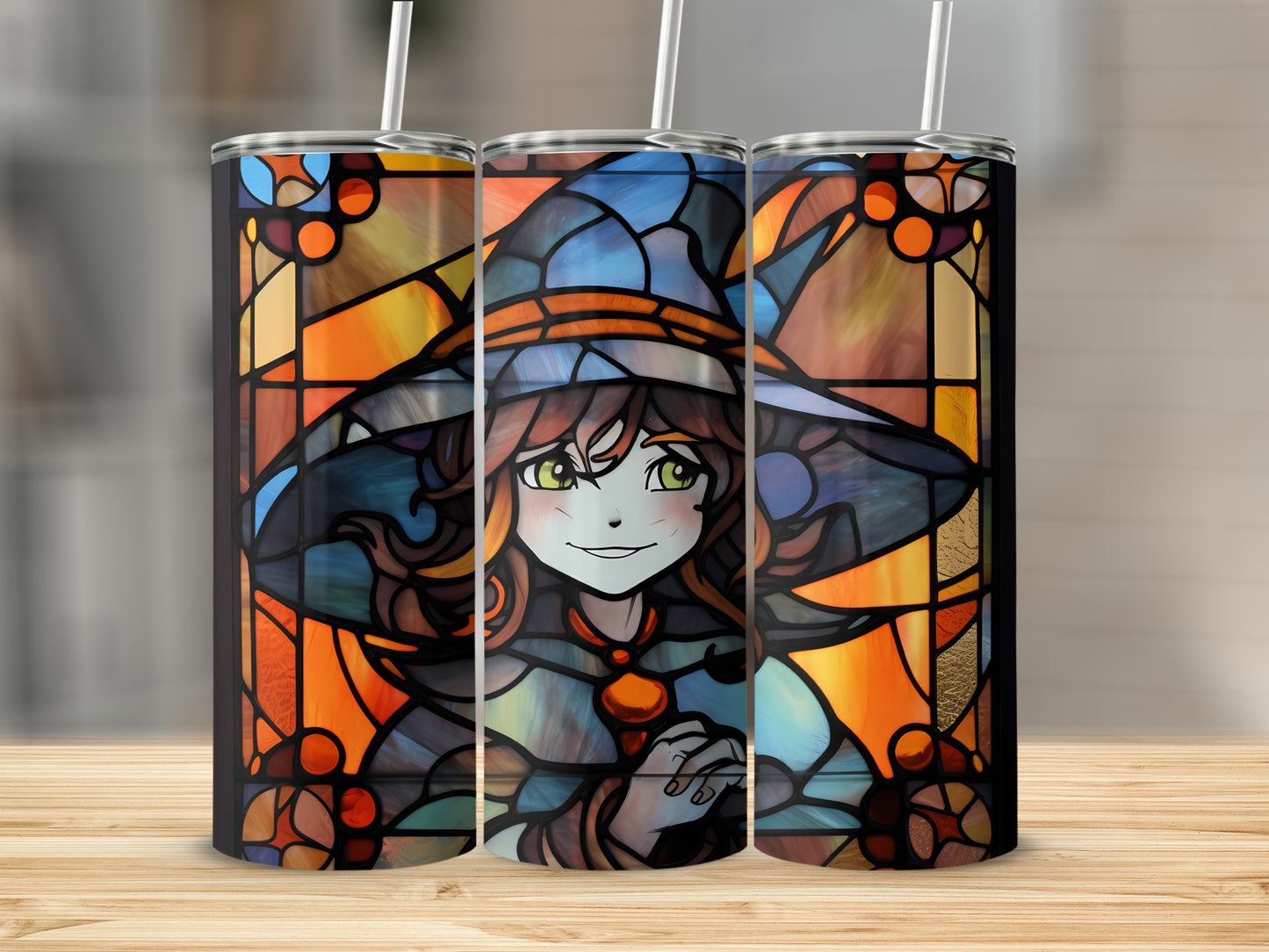Stained glass witch tumbler with colorful geometric patterns.