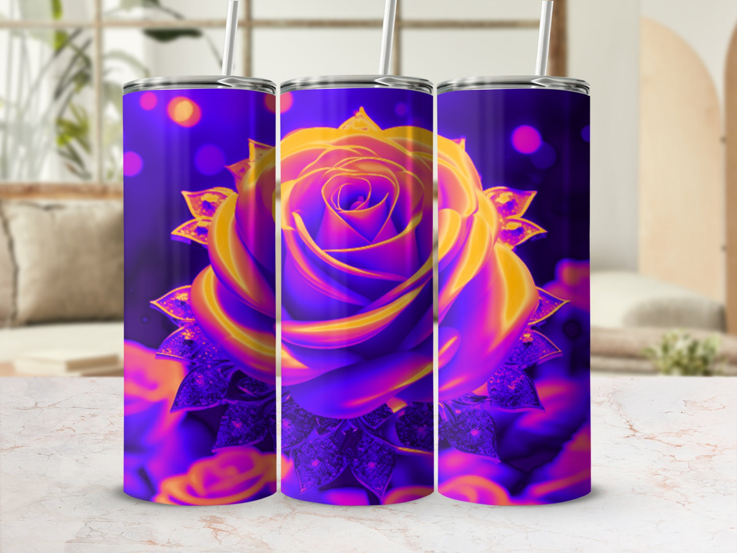 Purple and gold rose pattern on a tumbler, with blurred background.