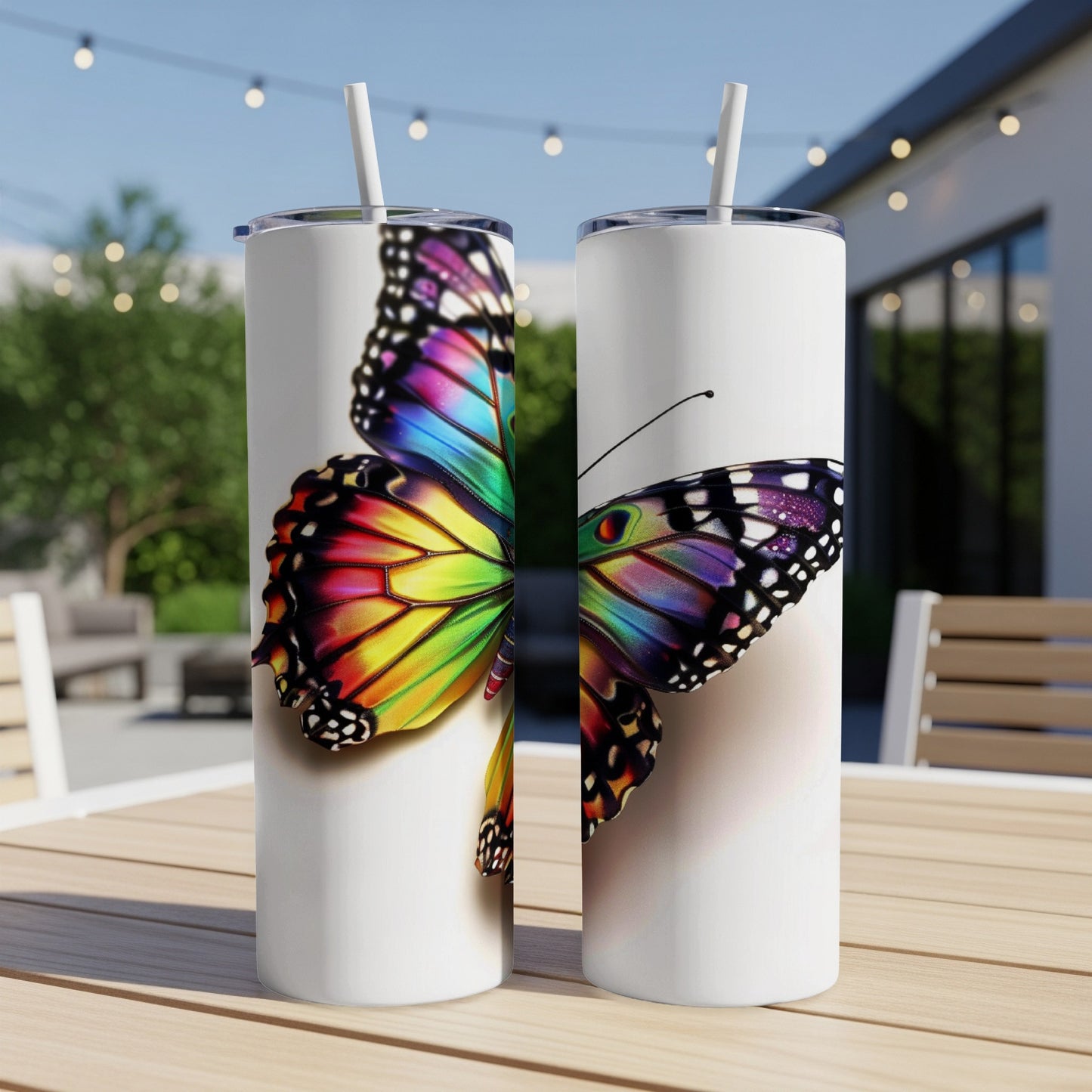 Two white tumblers with a colorful butterfly design.