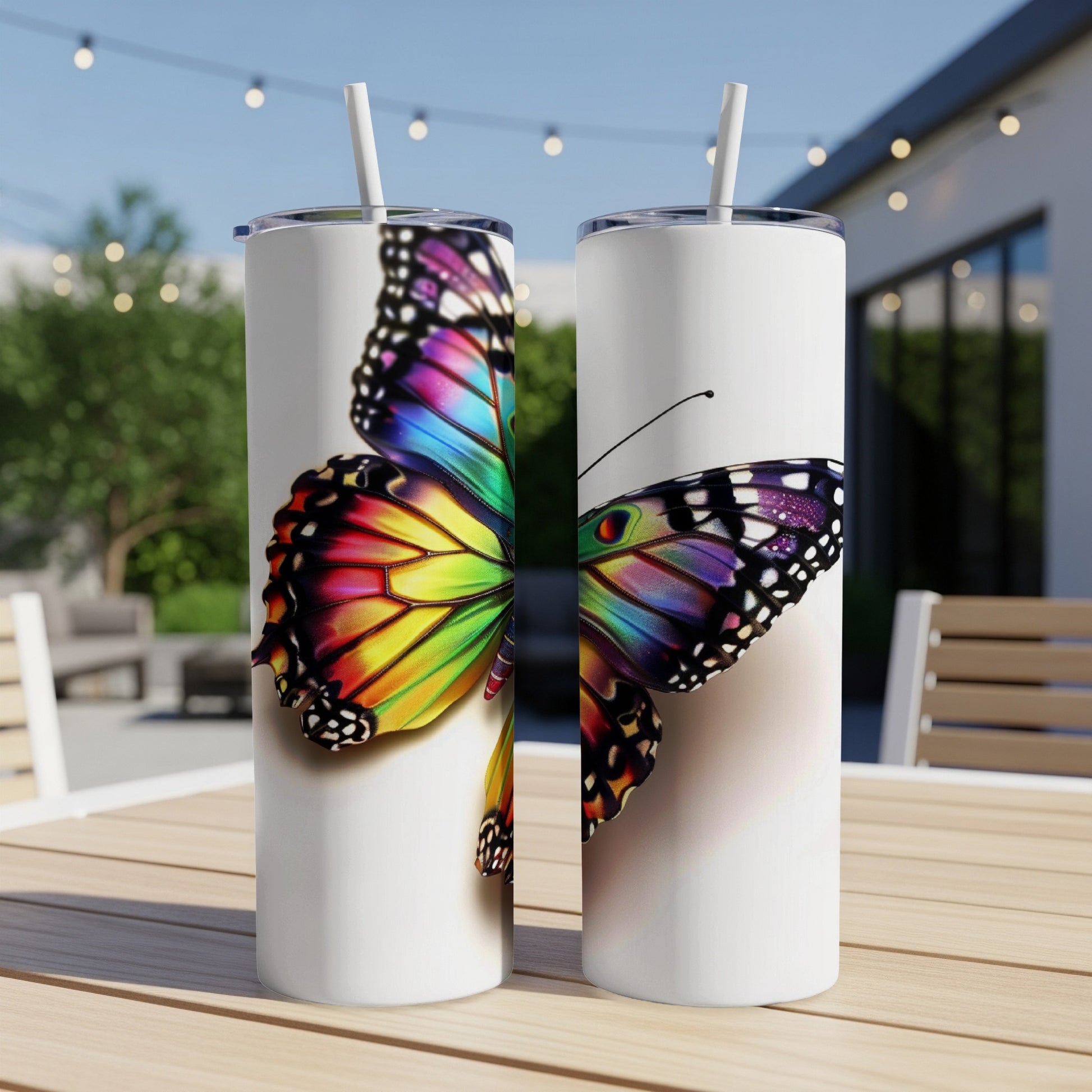 Two white tumblers with a colorful butterfly design.