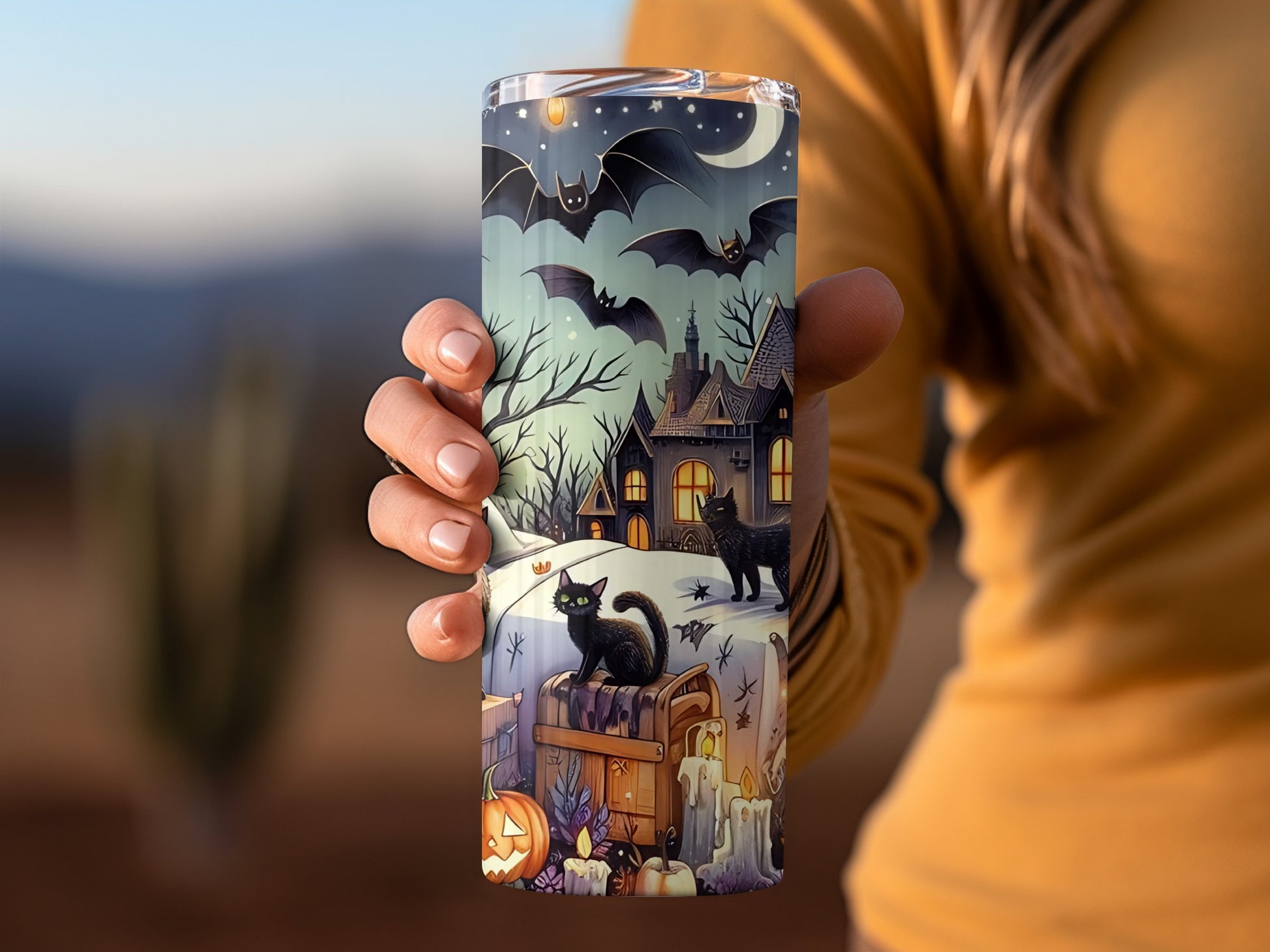 Spooky Cats and Haunted House Halloween Tumbler Cup