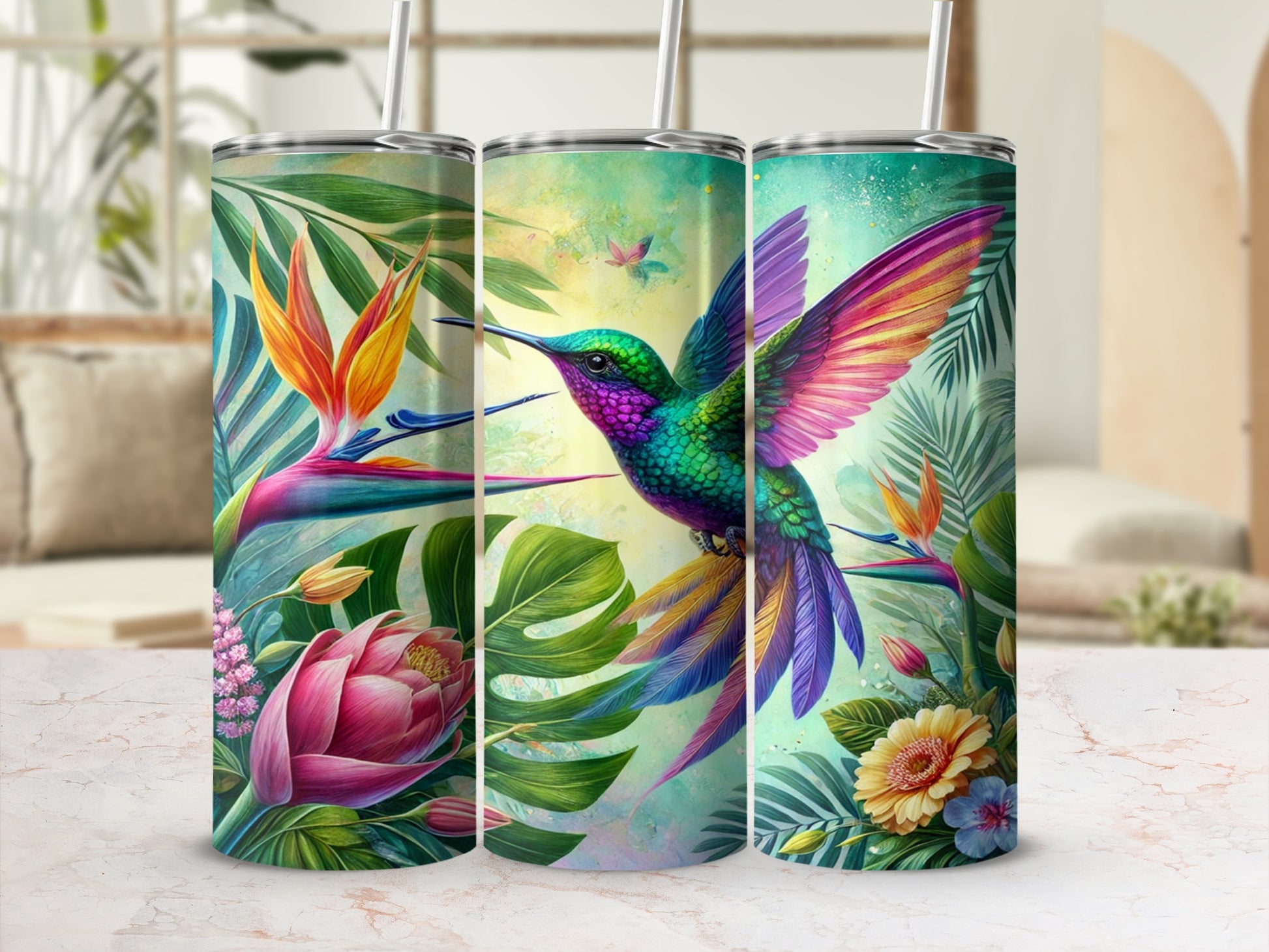 Colorful Hummingbird and Tropical Flowers Tumbler Cup