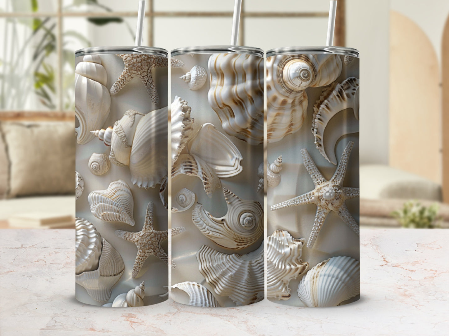 Collection of seashells and starfish adorns a patterned tumbler with straws.