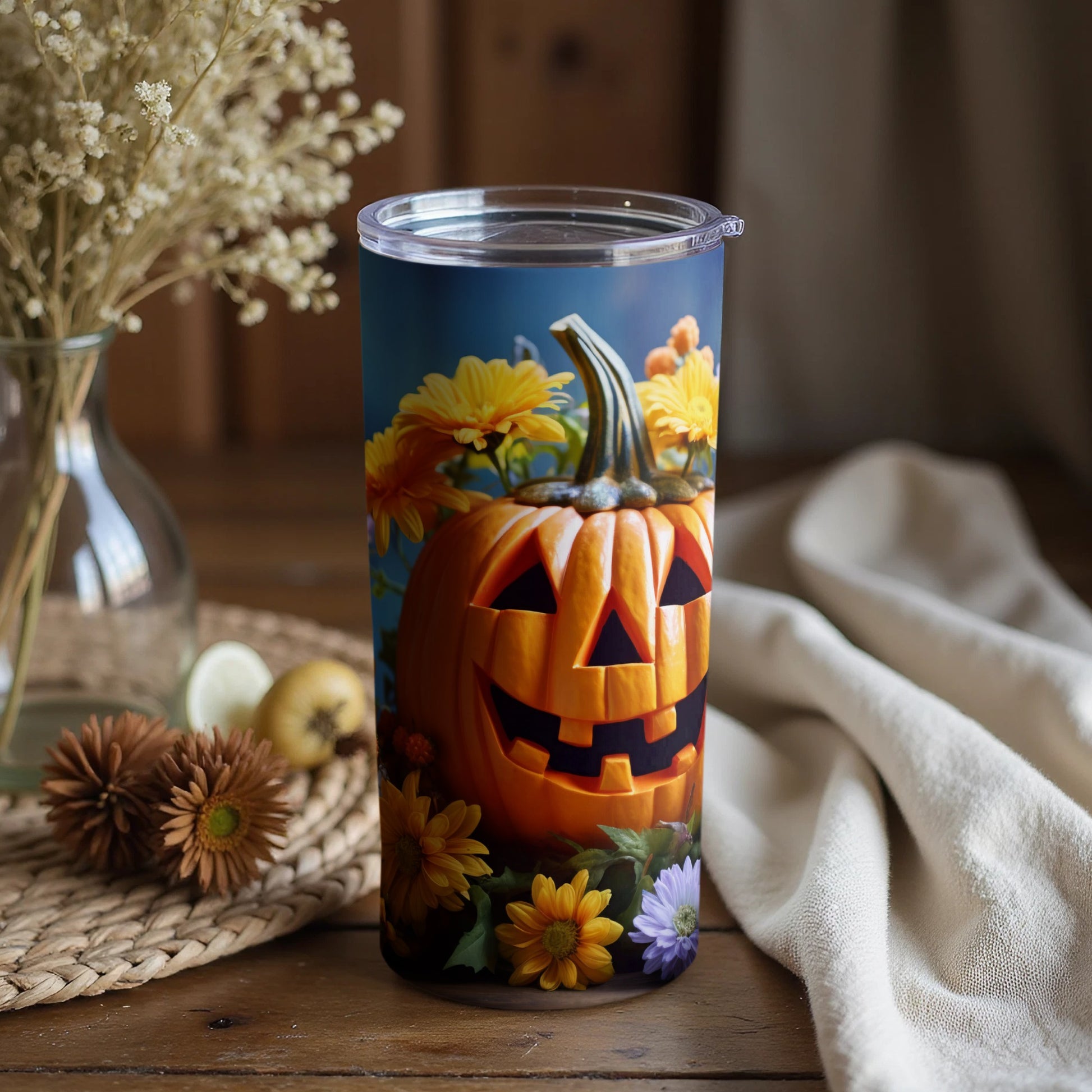 Halloween Pumpkin Tumbler with Floral Design Cup