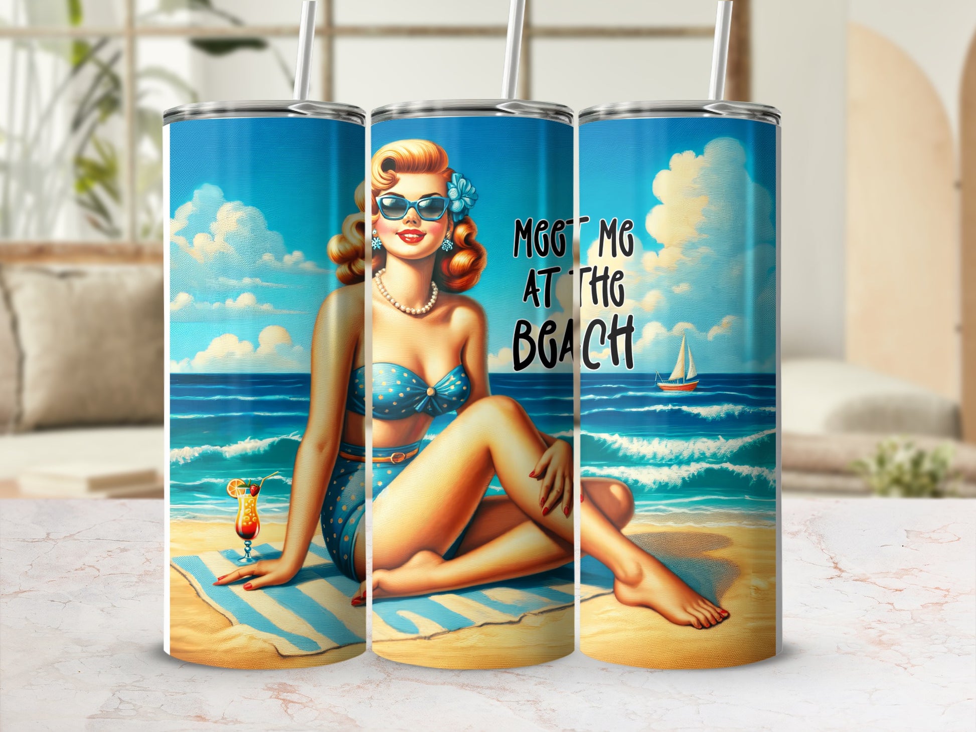 Retro woman in blue bikini sitting on a beach towel, "Meet Me at the Beach" text.