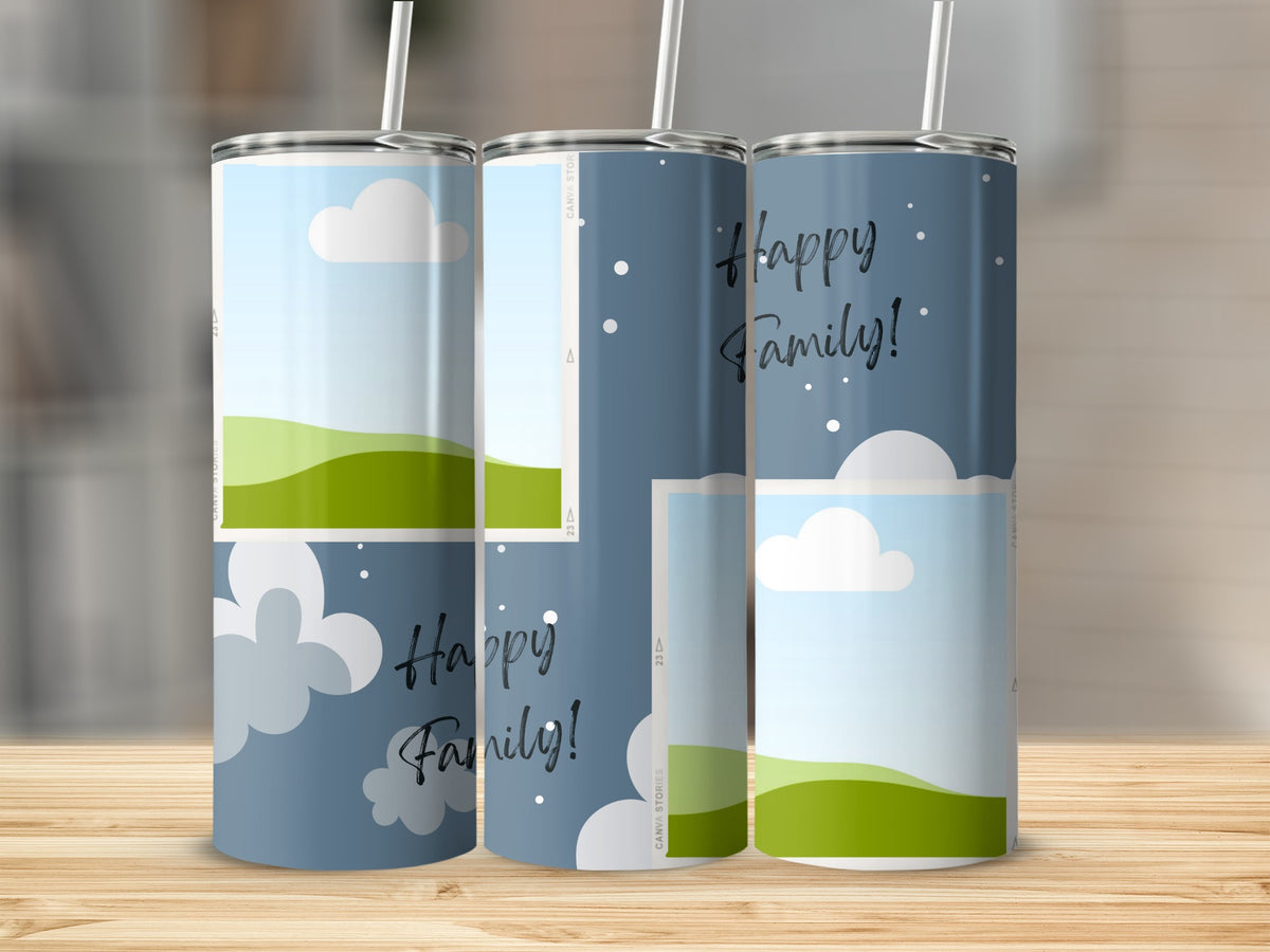 Three tumblers with "Happy Family!" text and a cloud and landscape design.