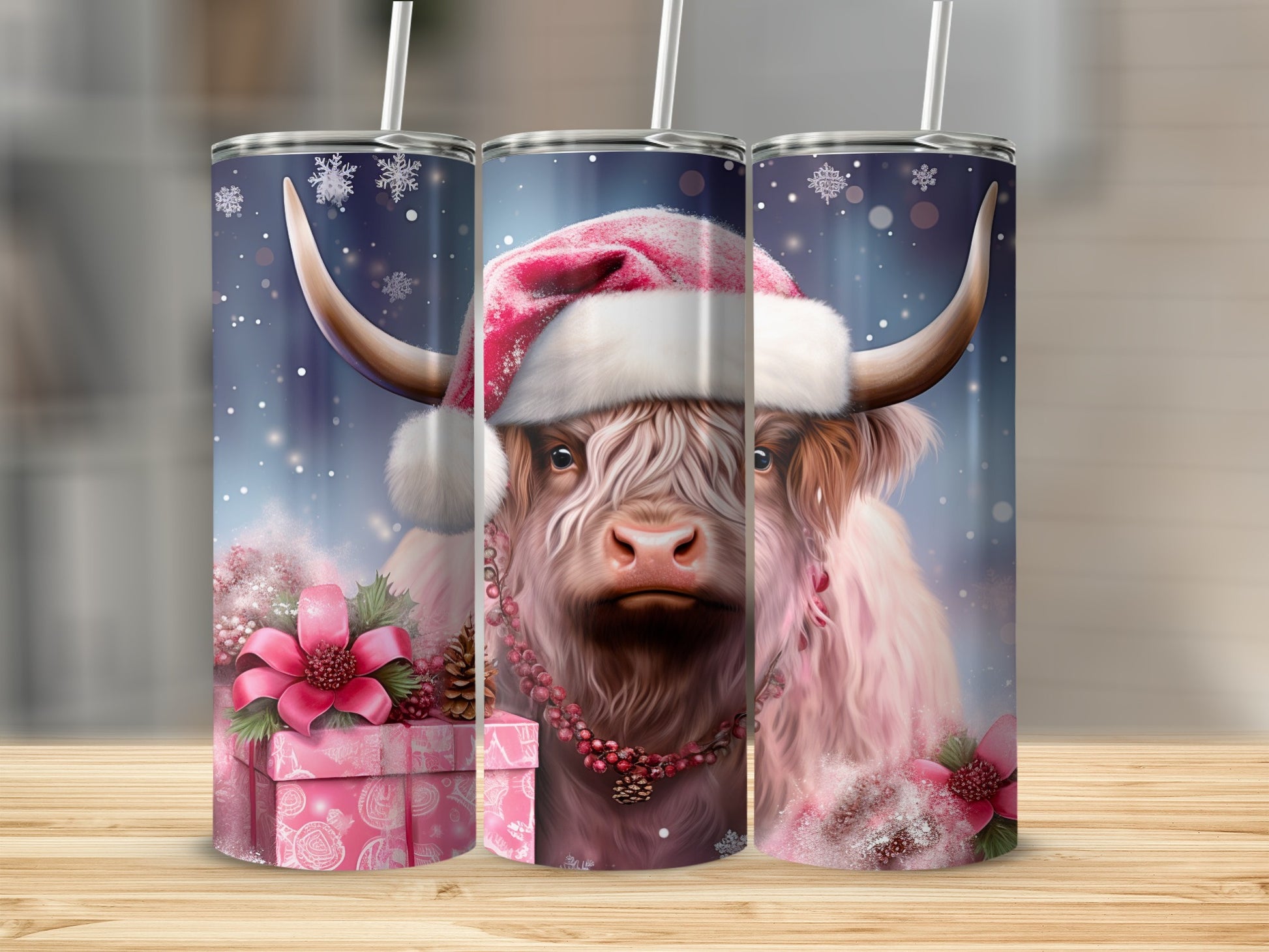 Festive Highland Cow with Santa Hat Holiday Tumbler