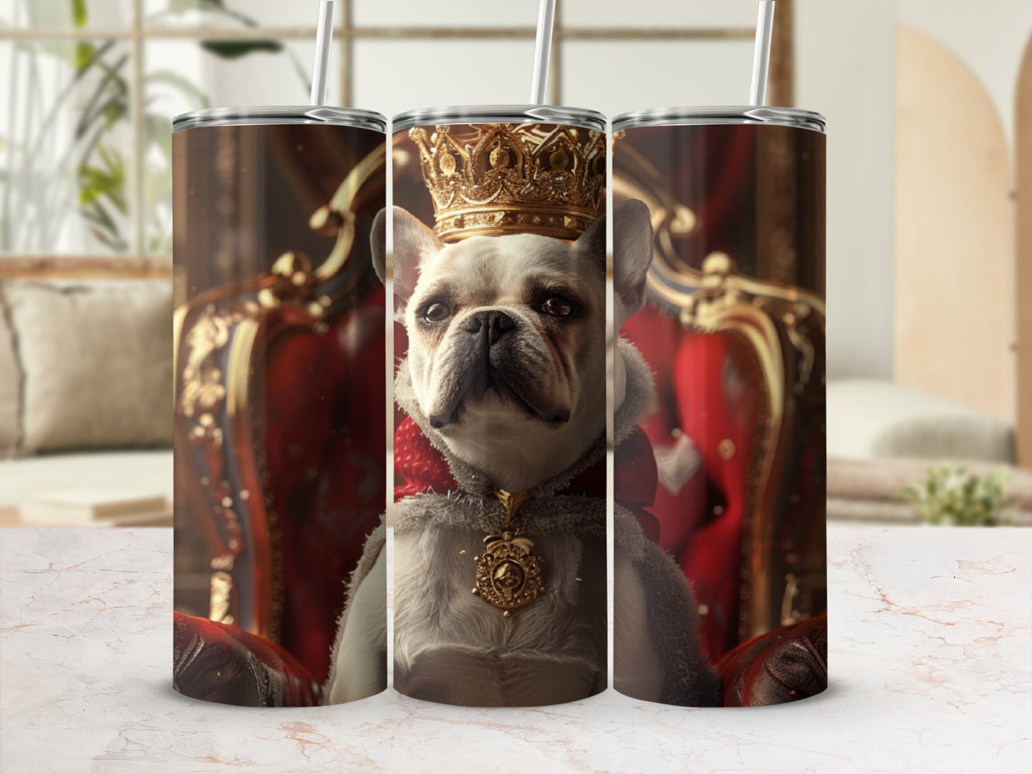 French bulldog in a crown and robe sitting on a throne.