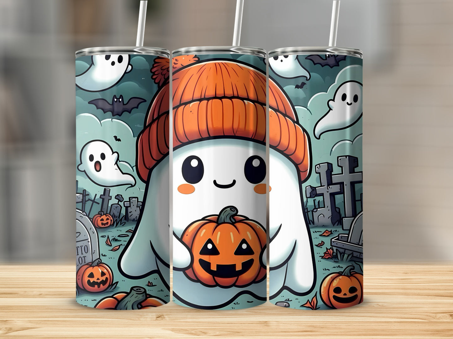 Tumbler with cute ghost wearing orange beanie holding pumpkin, surrounded by ghosts, bats, and gravestones.