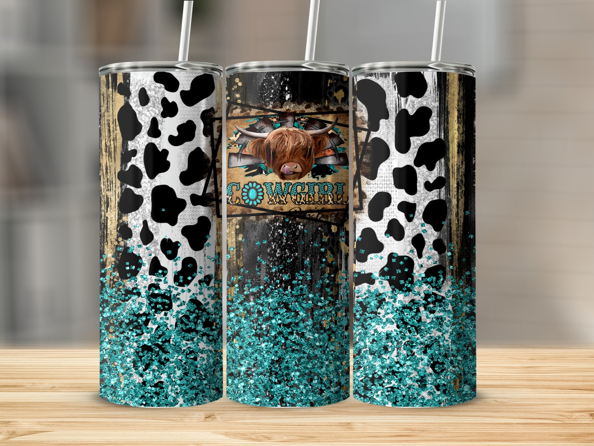 Cowgirl tumbler with cow print, wood grain, and glitter accents.