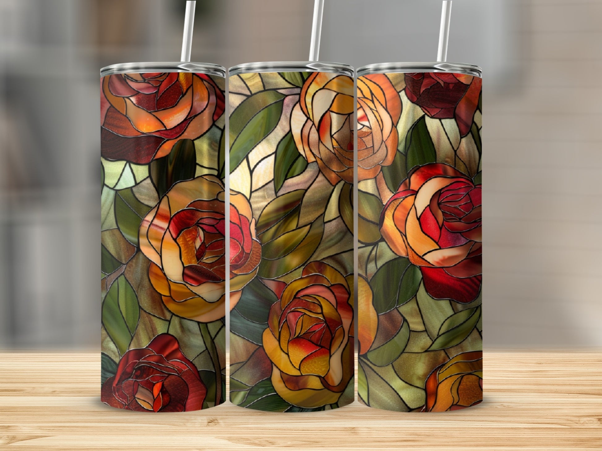 Three tumblers with a stained glass rose design.
