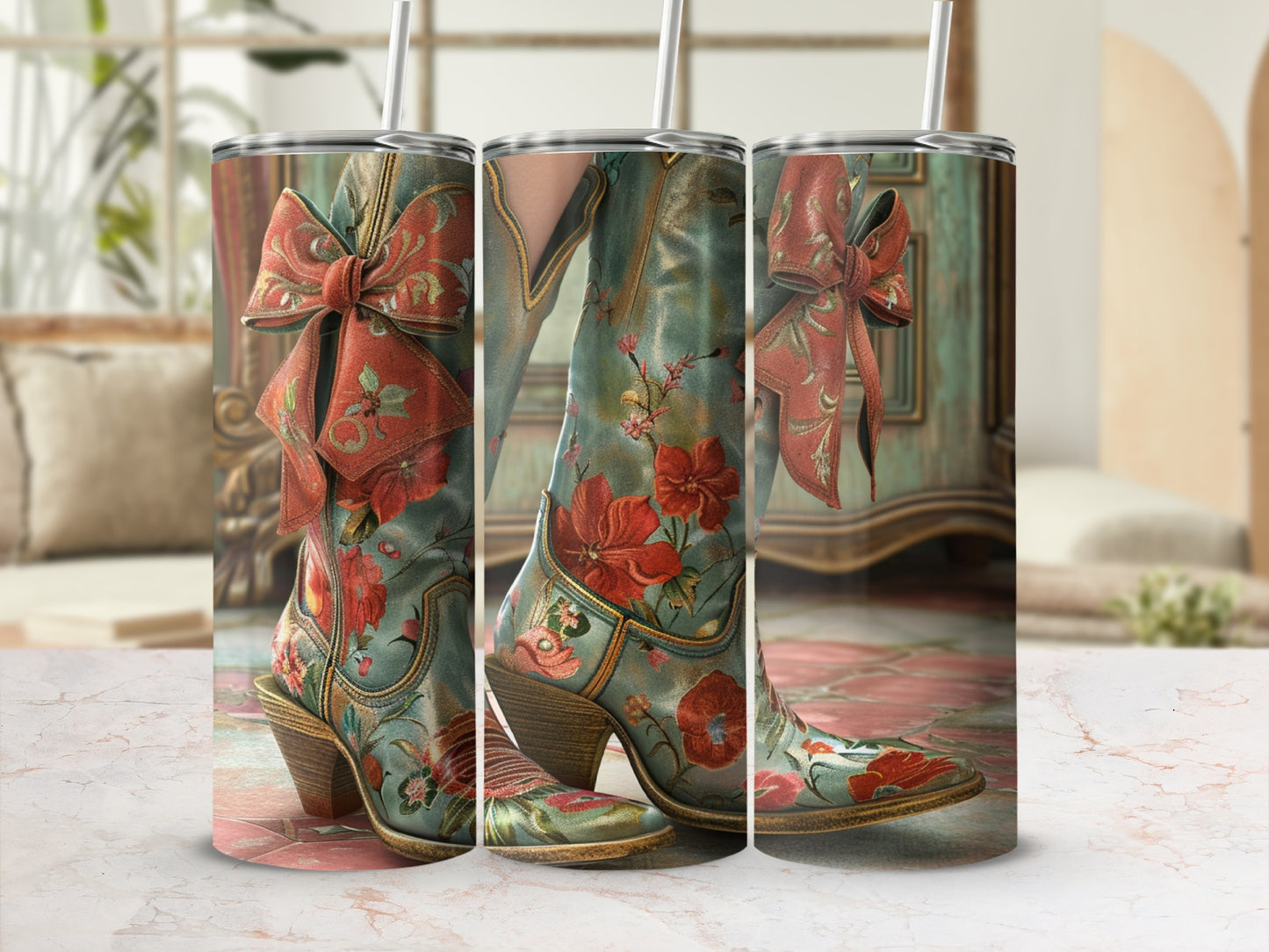 Triptych of cowgirl boots with floral pattern and red bows, on a marbled surface.