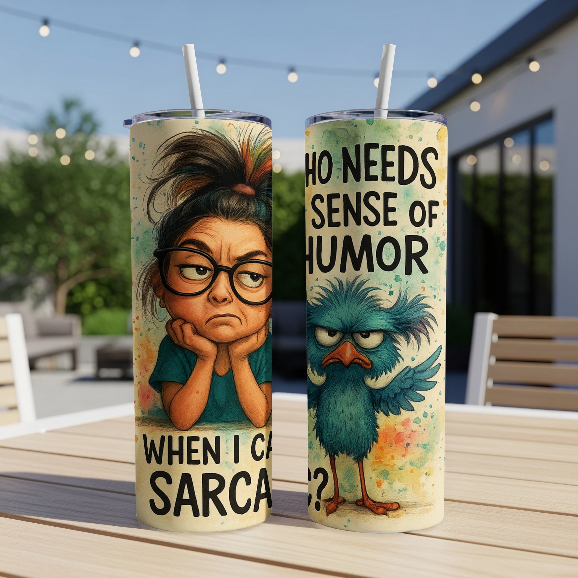 Tumbler with a cartoon girl looking unimpressed and a grumpy bird.