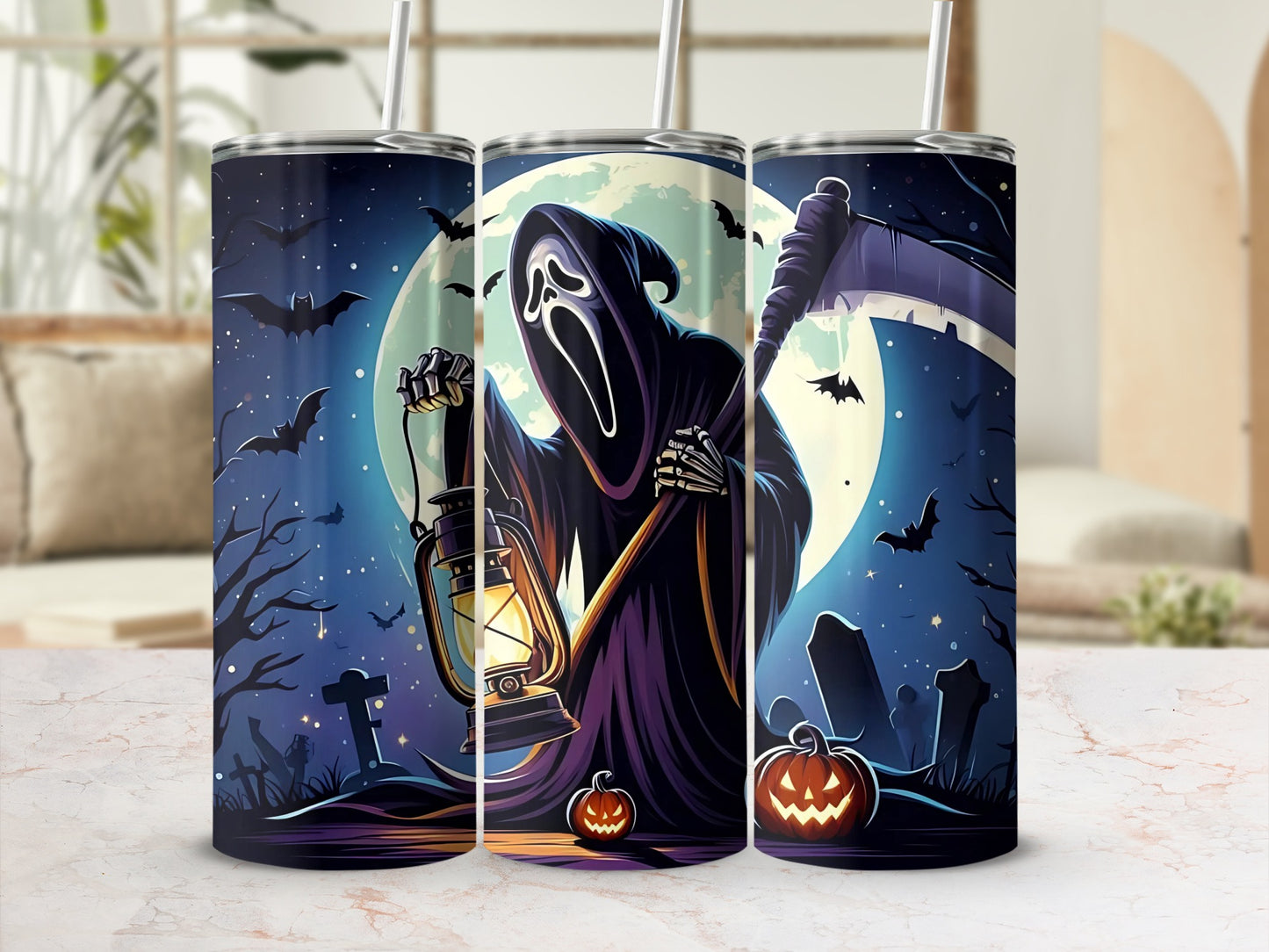 Grim Reaper with lantern and scythe on a tombstone-filled, moonlit Halloween background.