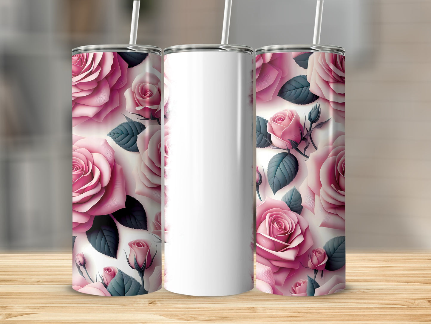White tumbler with pink roses and green leaves design.
