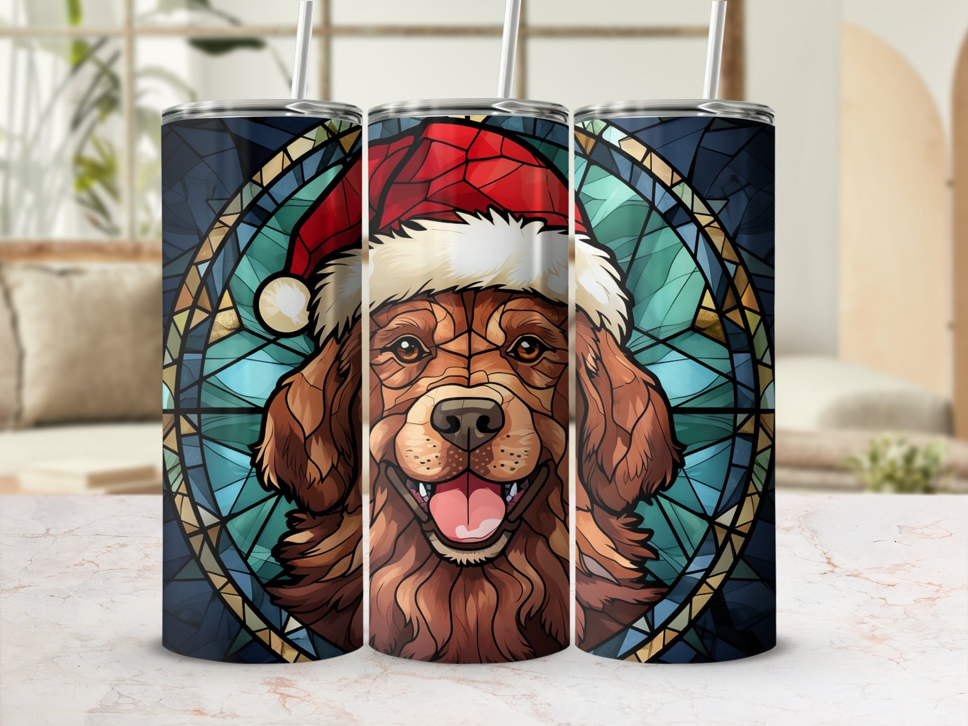 Stained glass tumbler with festive dog wearing Santa hat.
