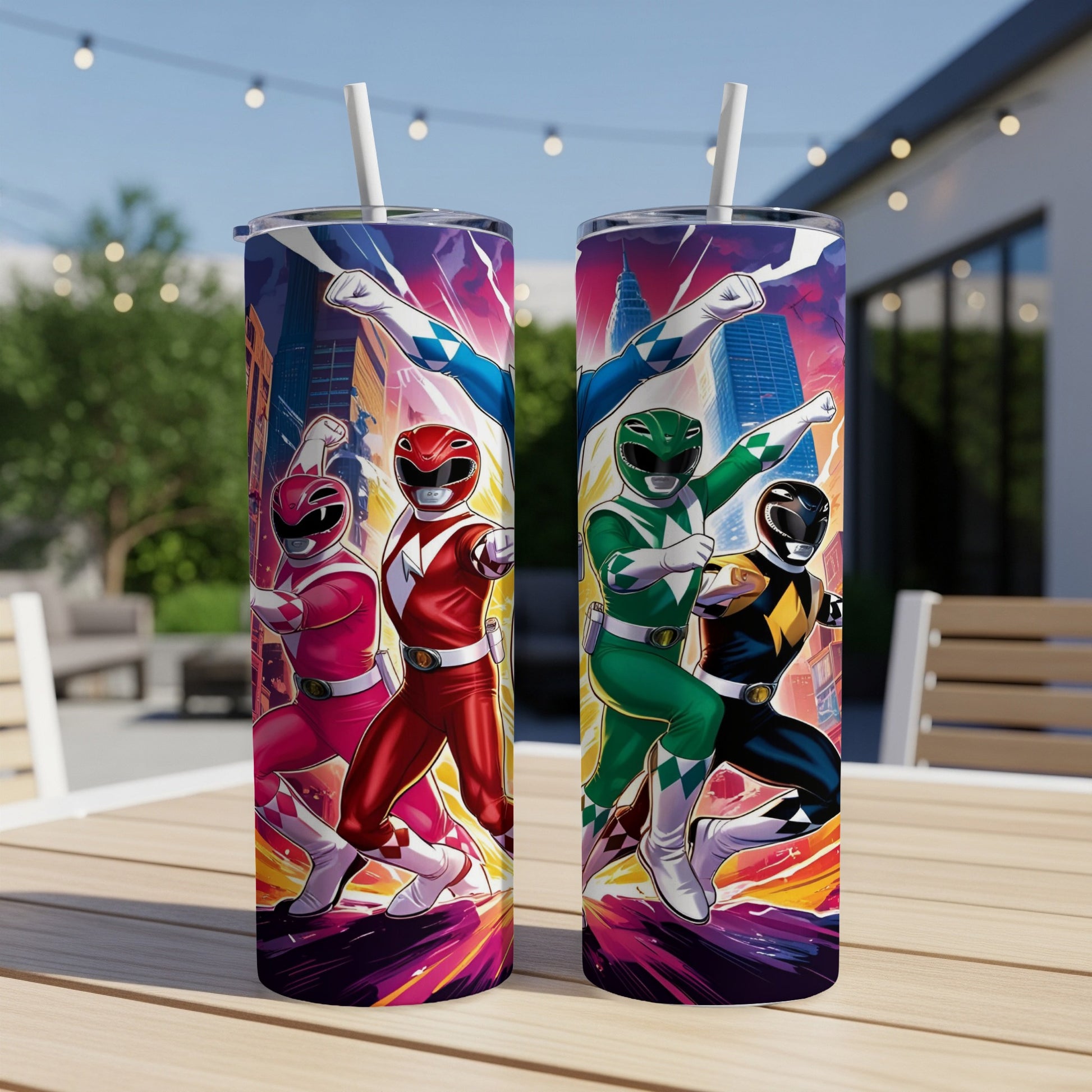 Two Power Rangers tumblers featuring Red, Pink, Green, and Black Rangers against cityscape.