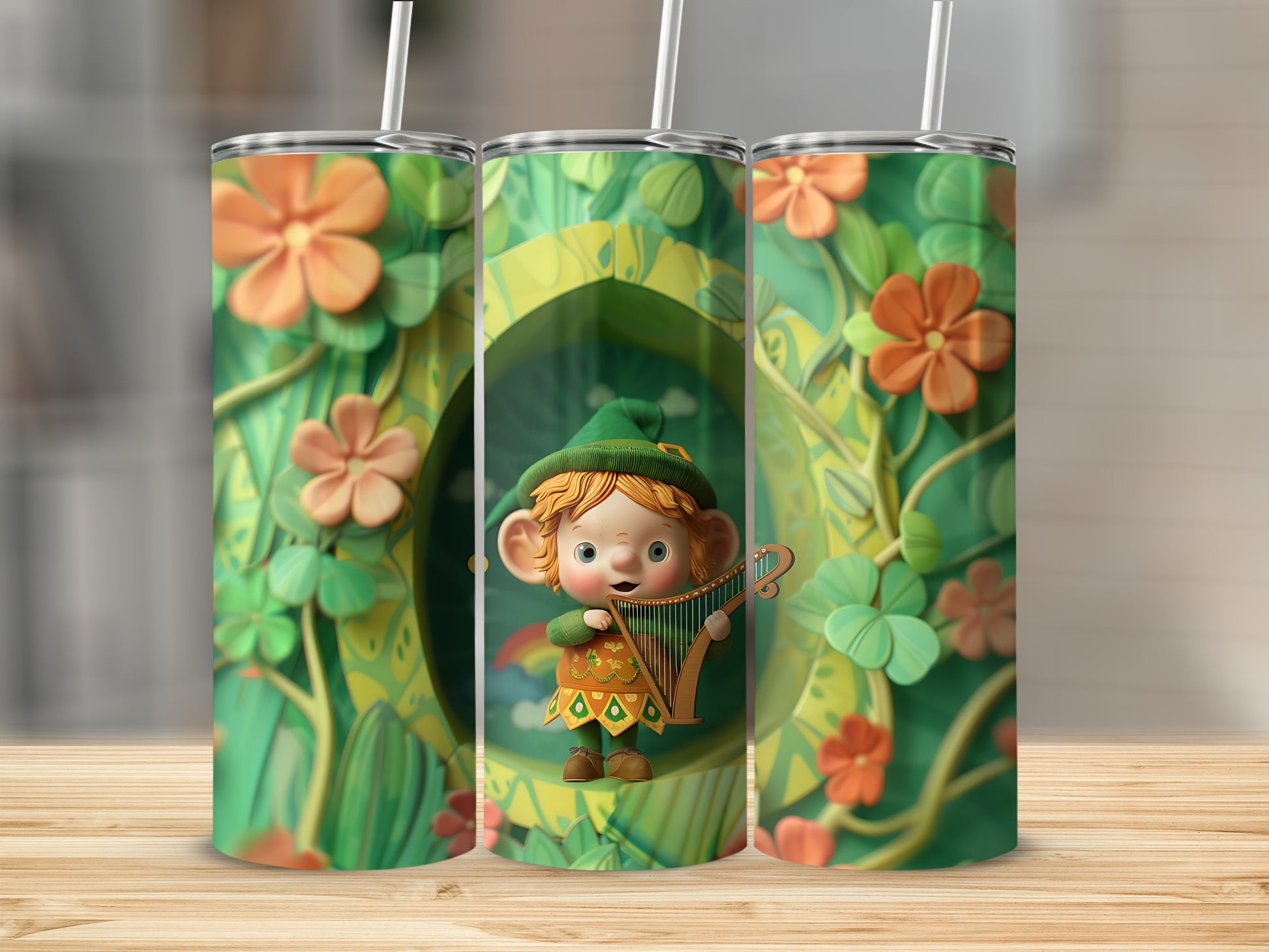 Leprechaun with harp on a green background with flowers and leaves.
