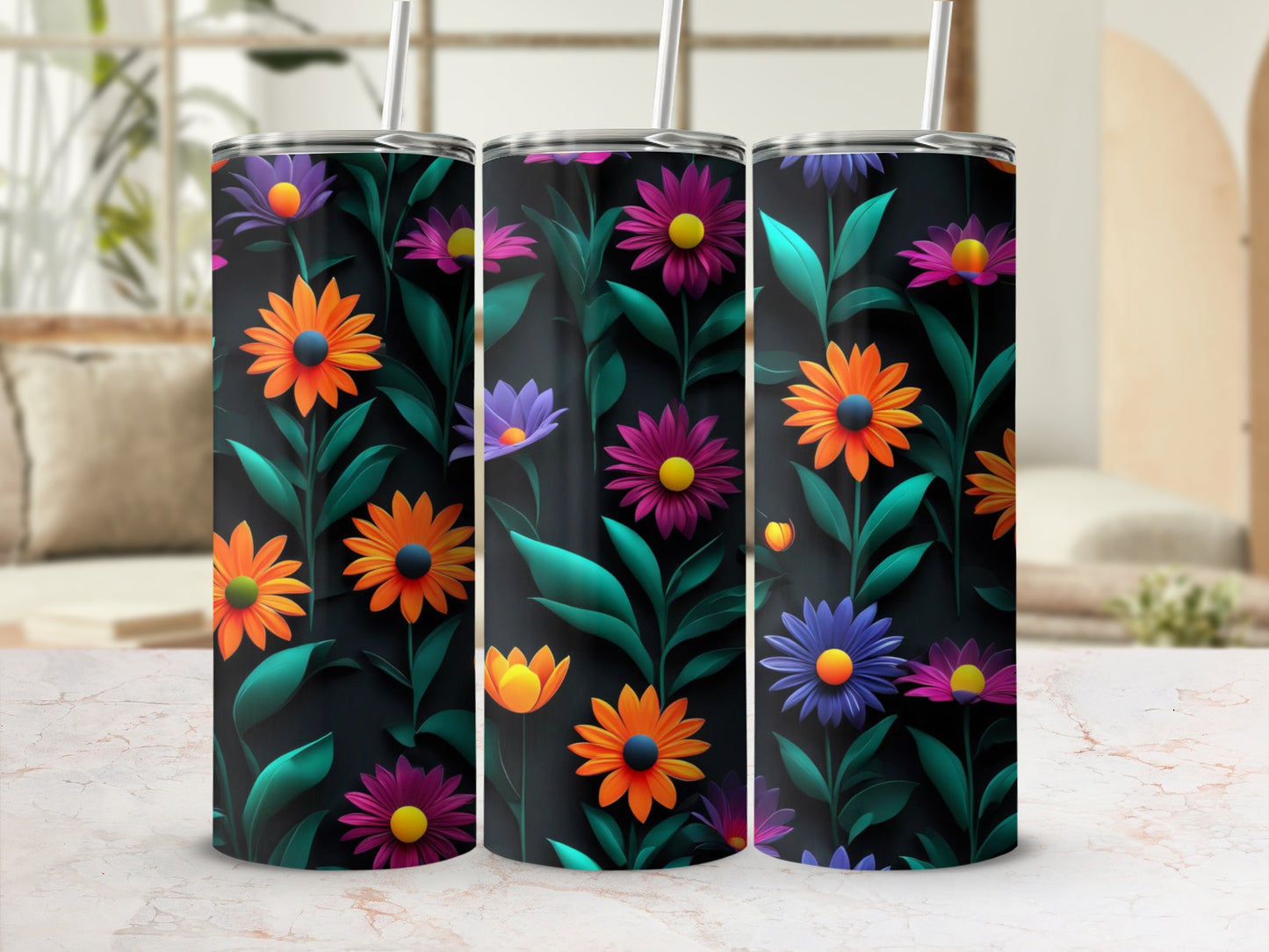 Three tumblers with a dark floral pattern and colorful daisy designs.