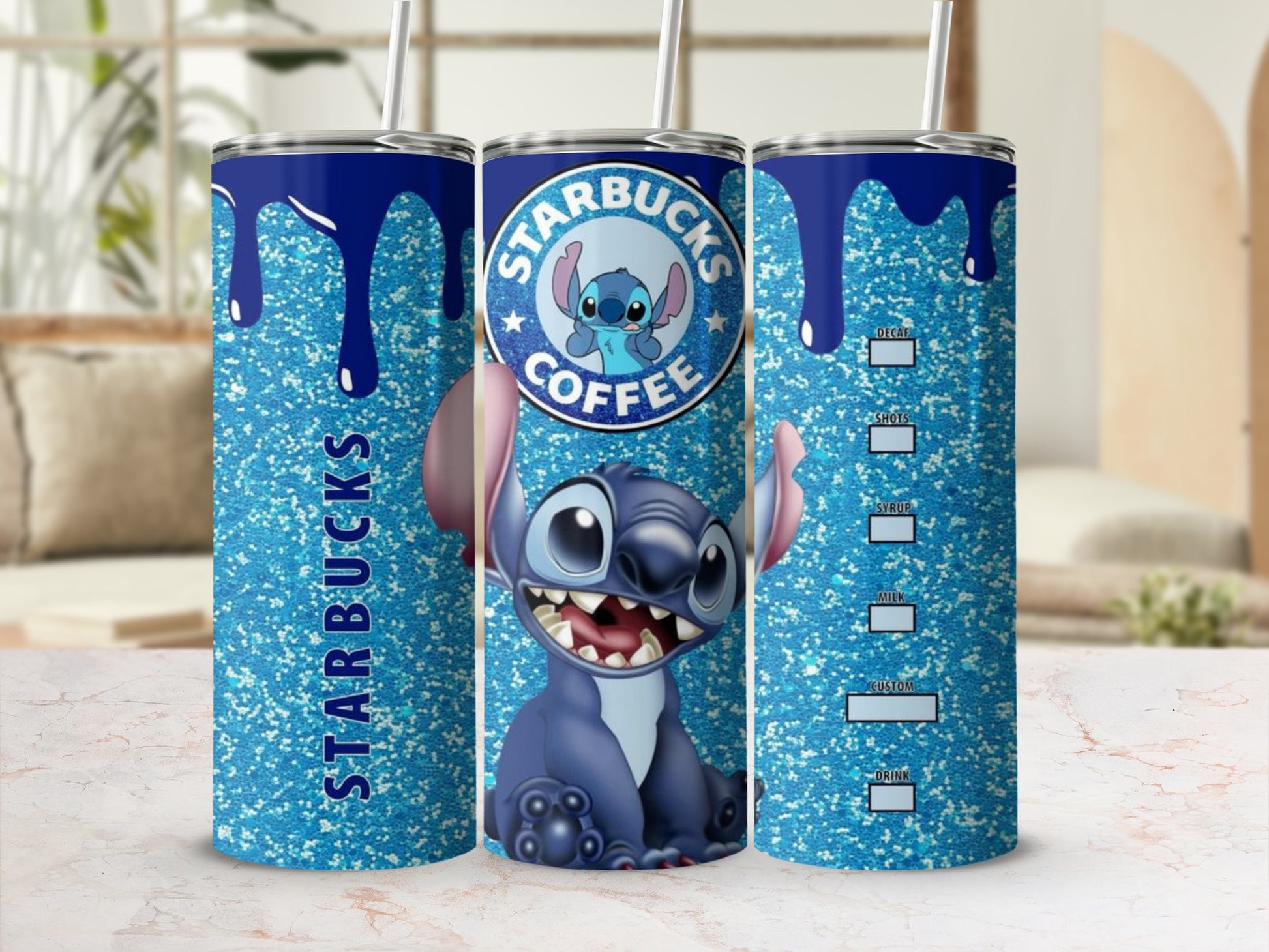 Glittery Blue Starbucks Stitch Design Tumbler with Straw