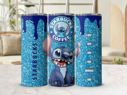 Glittery Blue Starbucks Stitch Design Tumbler with Straw