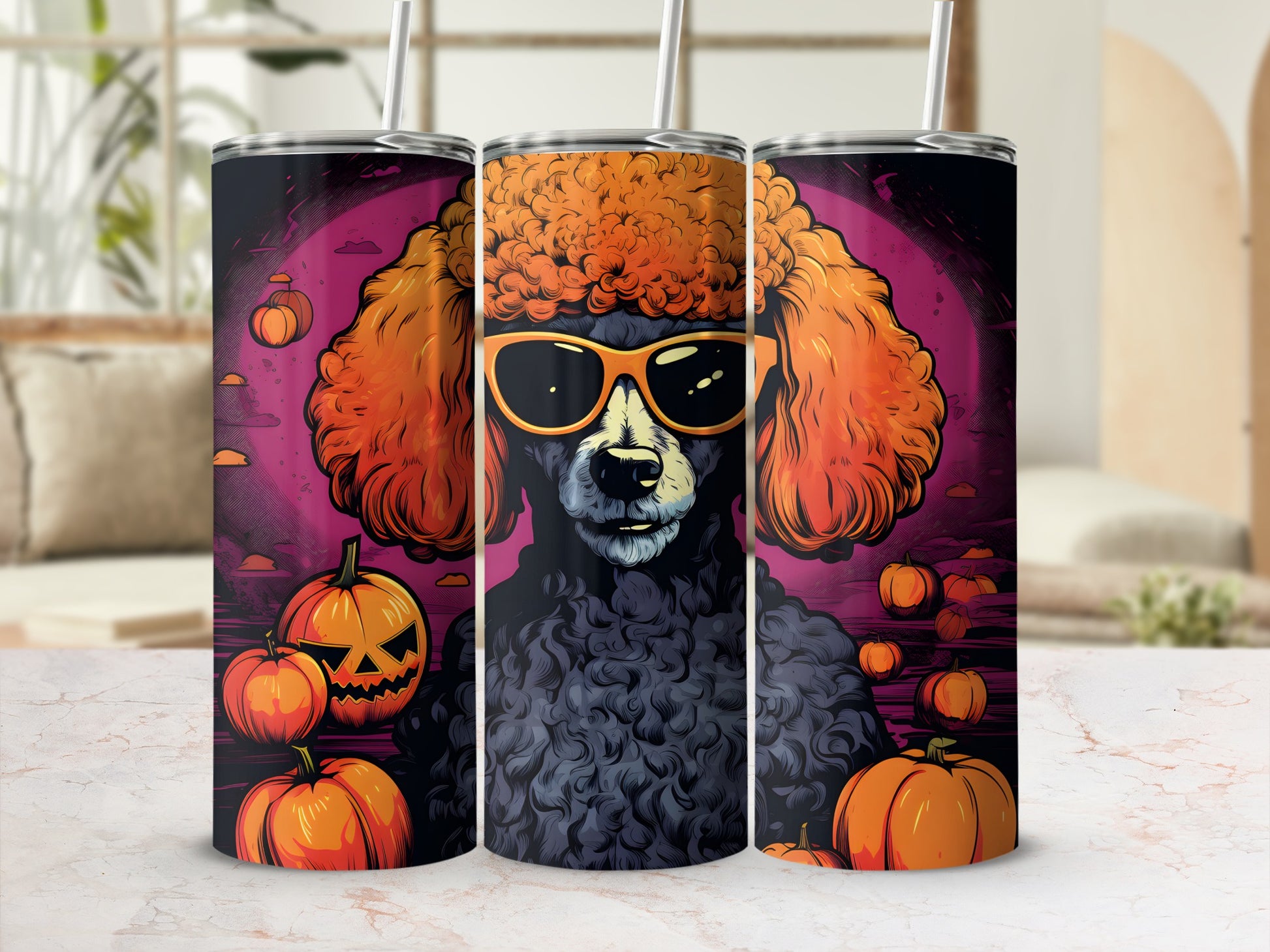 Three tumblers featuring a black poodle with orange hair, sunglasses, and Halloween pumpkins.