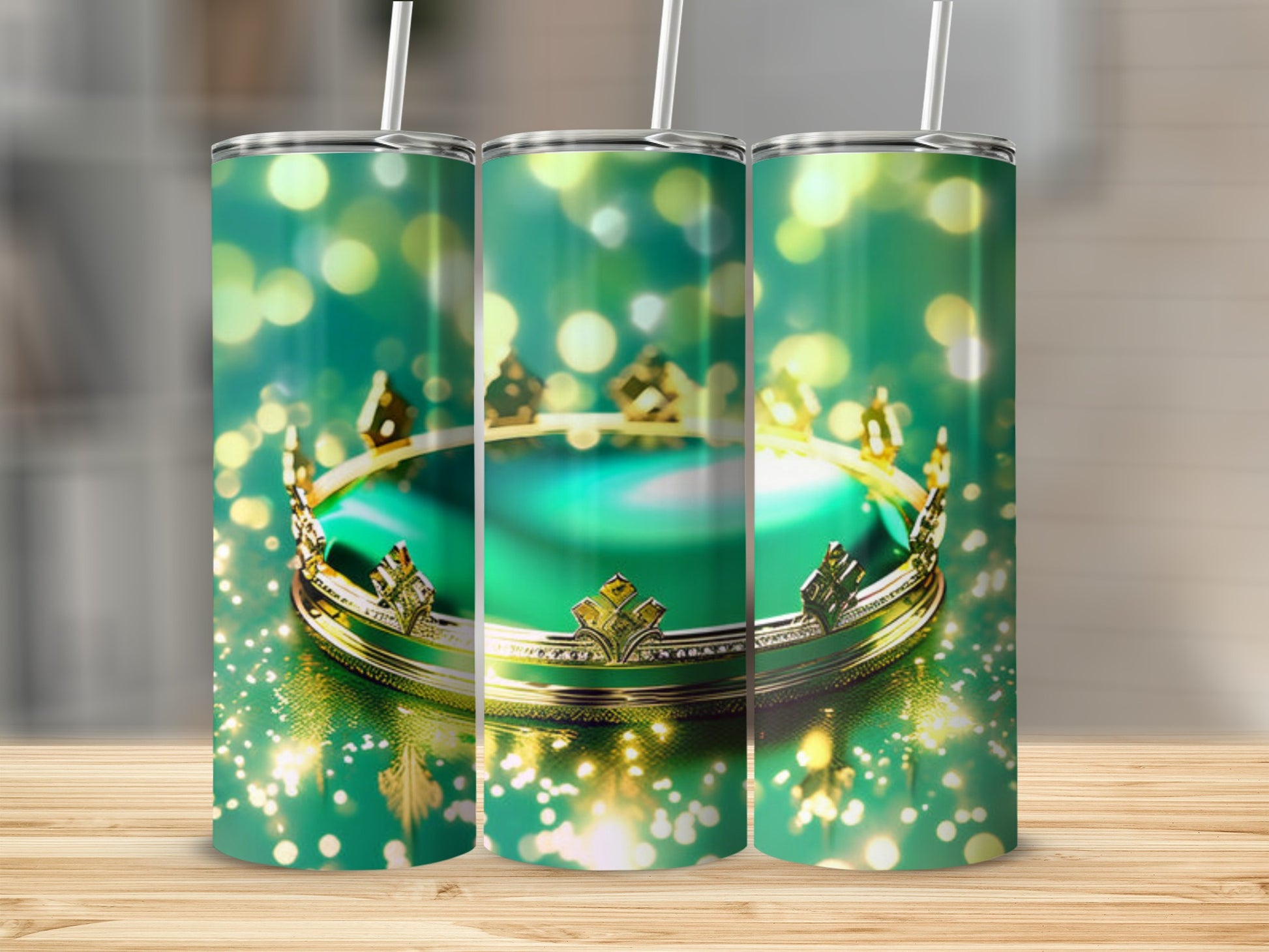 Emerald green tumbler with gold crown and bokeh lights.