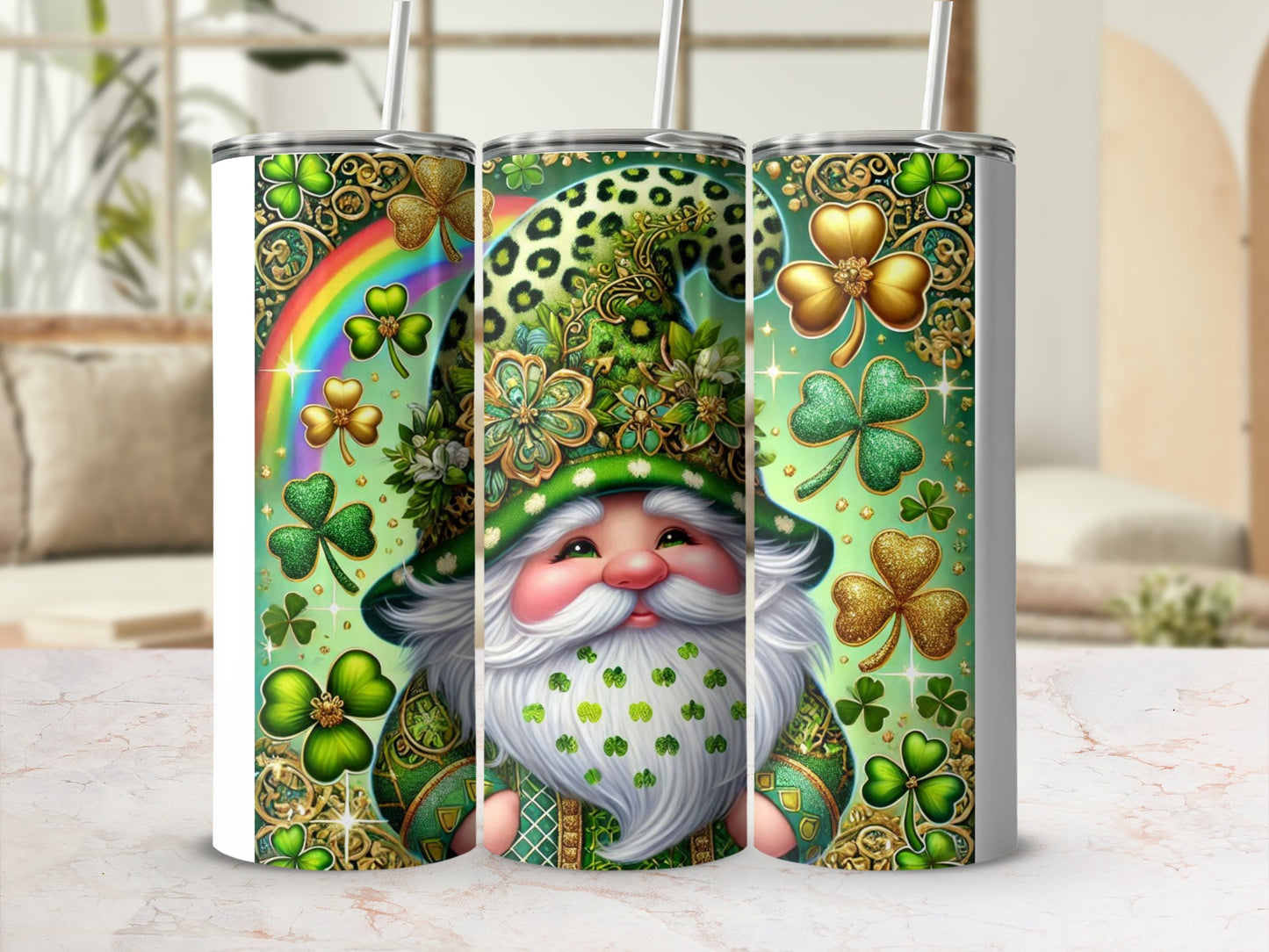 Green gnome with shamrocks and leopard print hat on a tumbler.