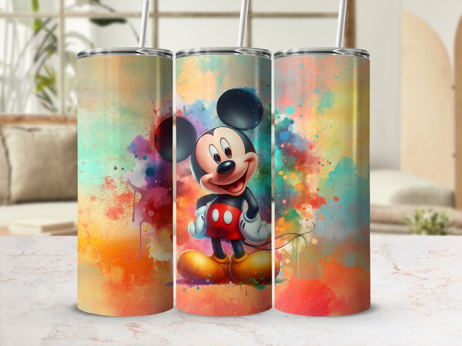 Colorful Mickey Mouse Art Print Tumbler with Straw