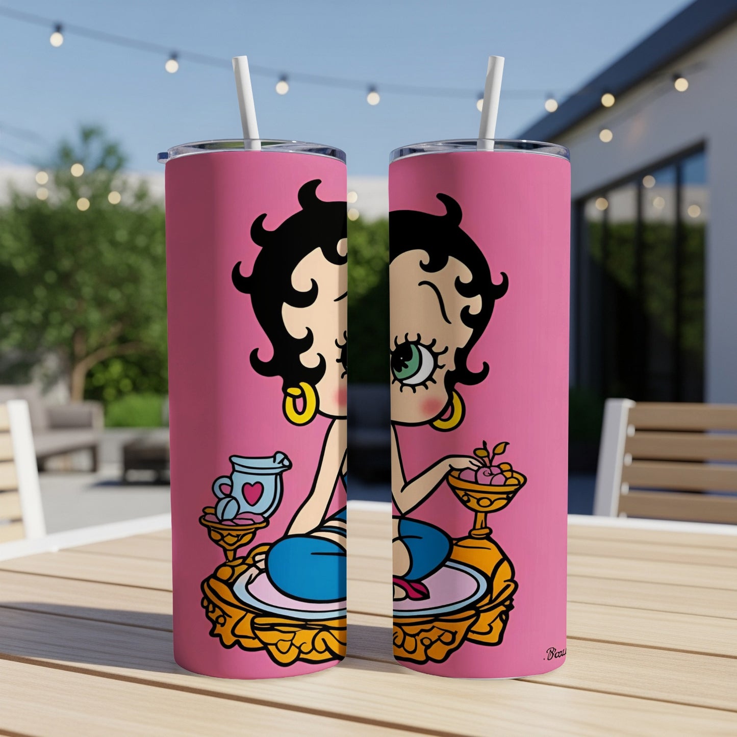 Betty Boop sitting on a gilded cushion holding two bowls of fruit.