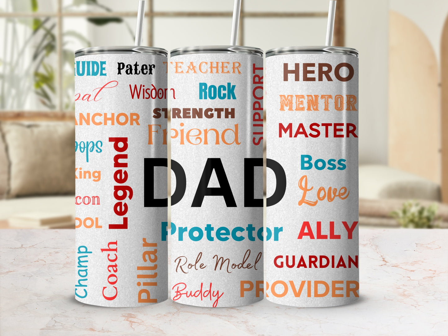 Three tumblers with the word DAD and various descriptive words arranged artistically.