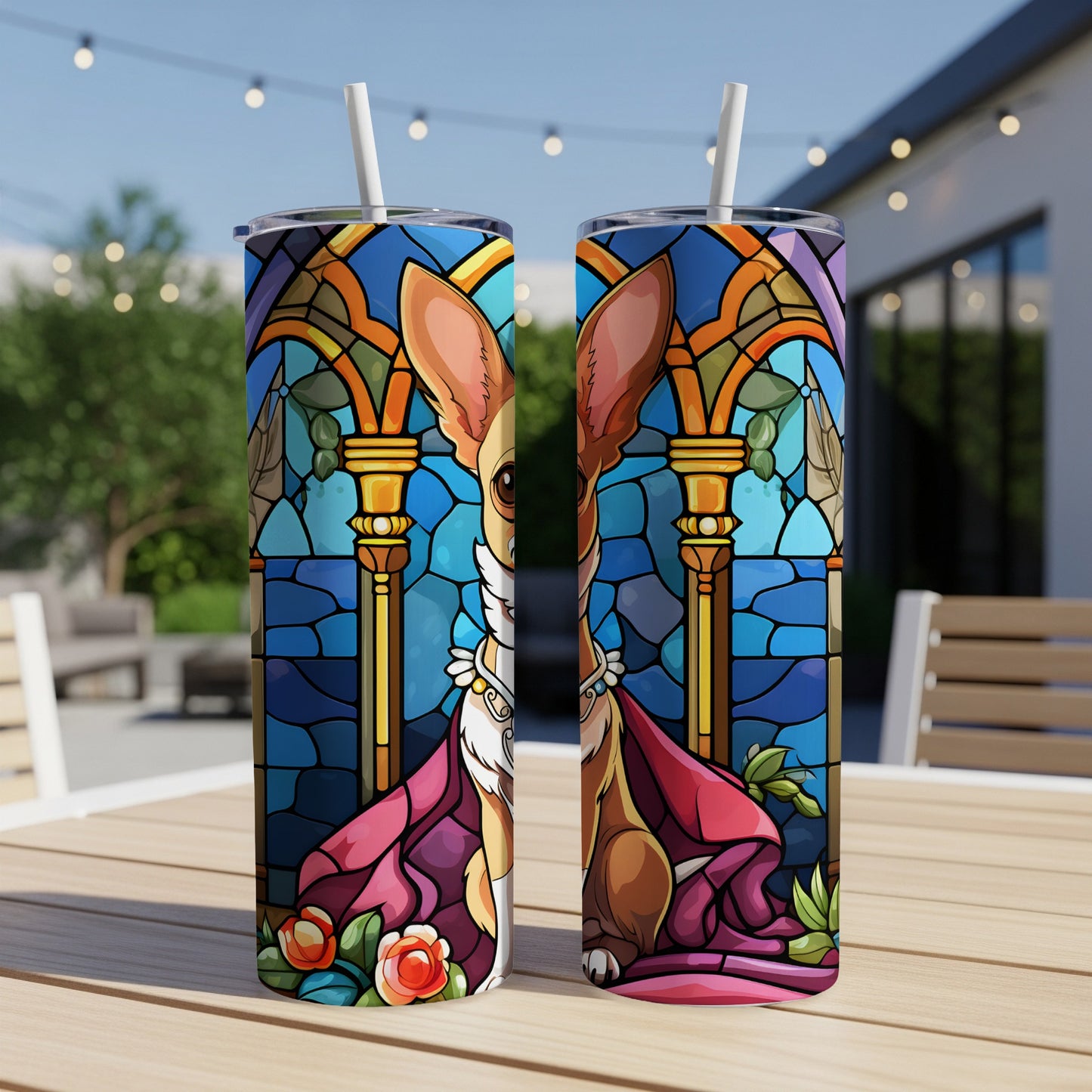 Chihuahua in stained glass pattern on a tumbler with a straw.