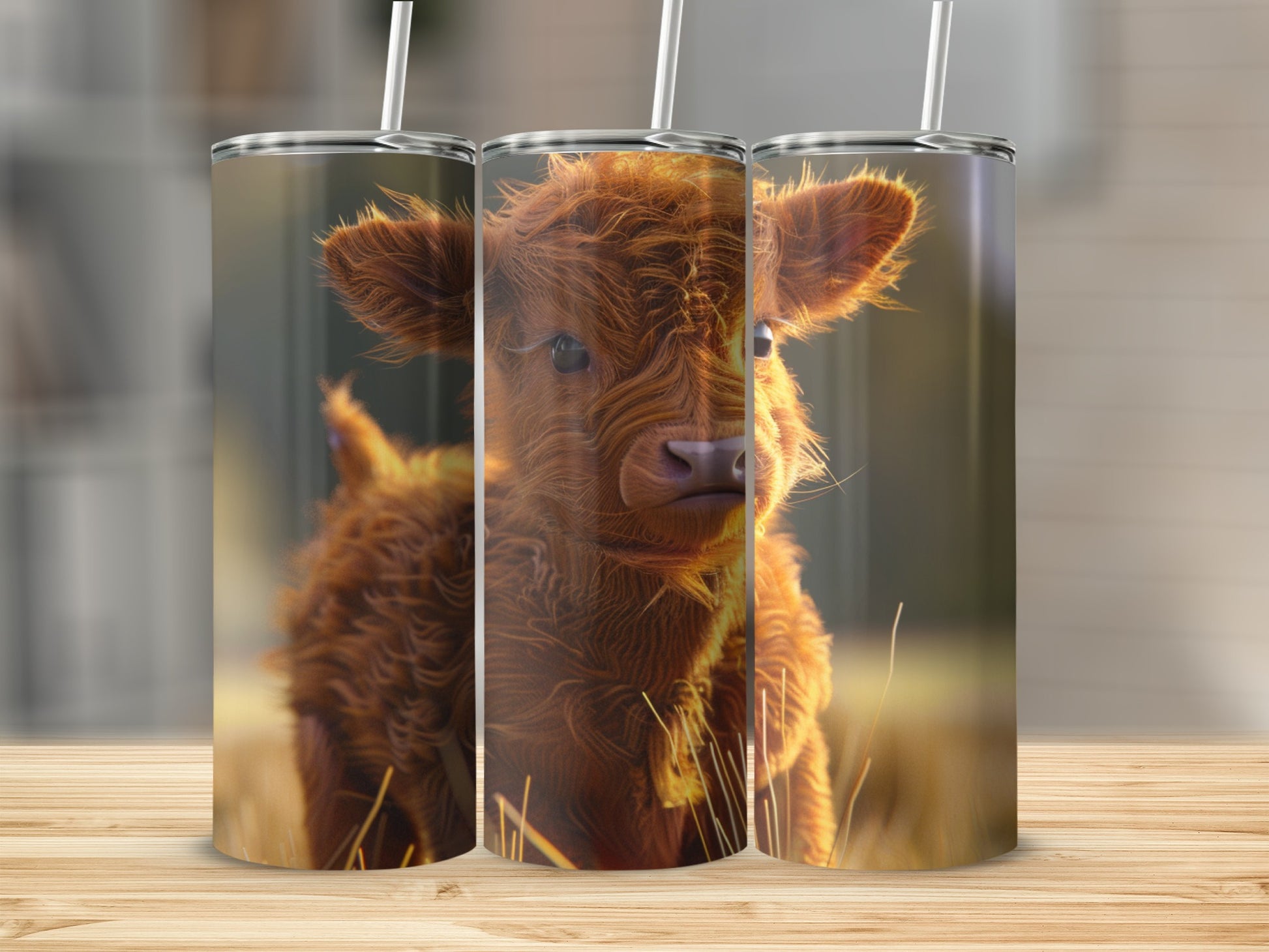 Fluffy Highland cow calf on a wooden surface with three tumblers.