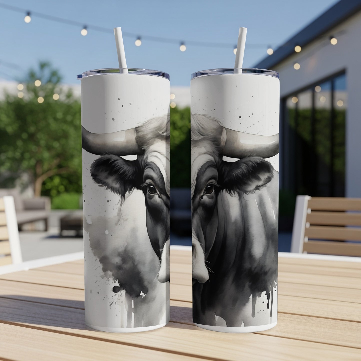 Black and white watercolor cow faces on two white tumblers.
