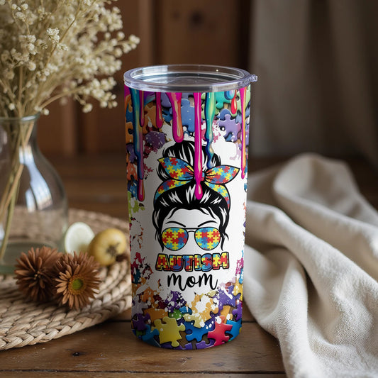Colorful Autism Mom Tumbler With Puzzle Pieces Design