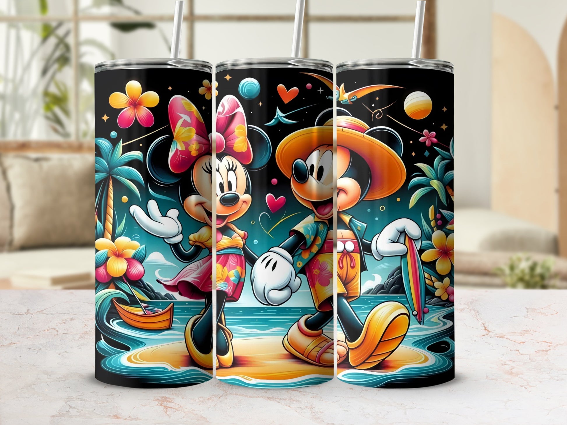 Colorful Beach Mickey and Minnie Mouse Tumbler Set