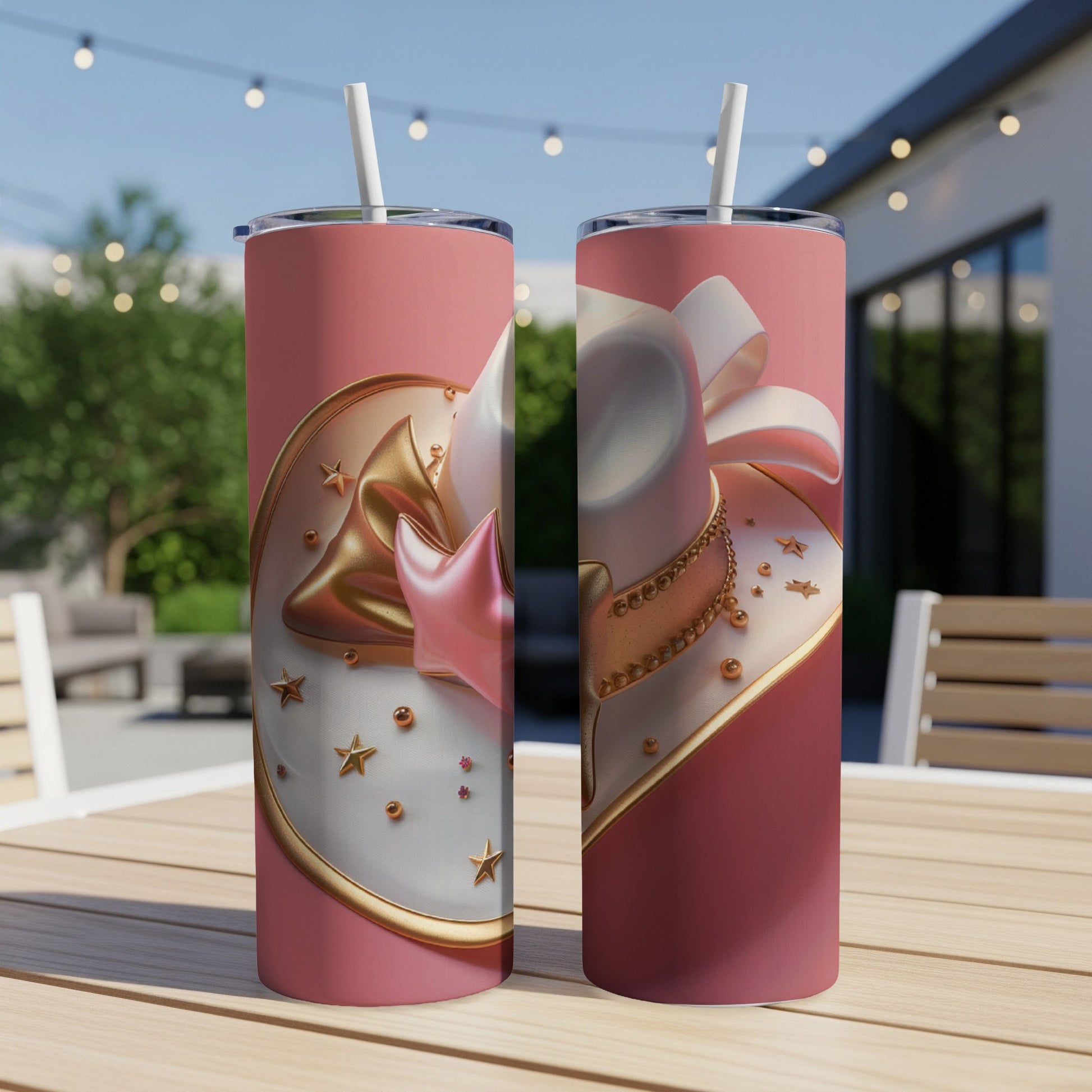 Two pink tumblers with gold stars and a starburst design.