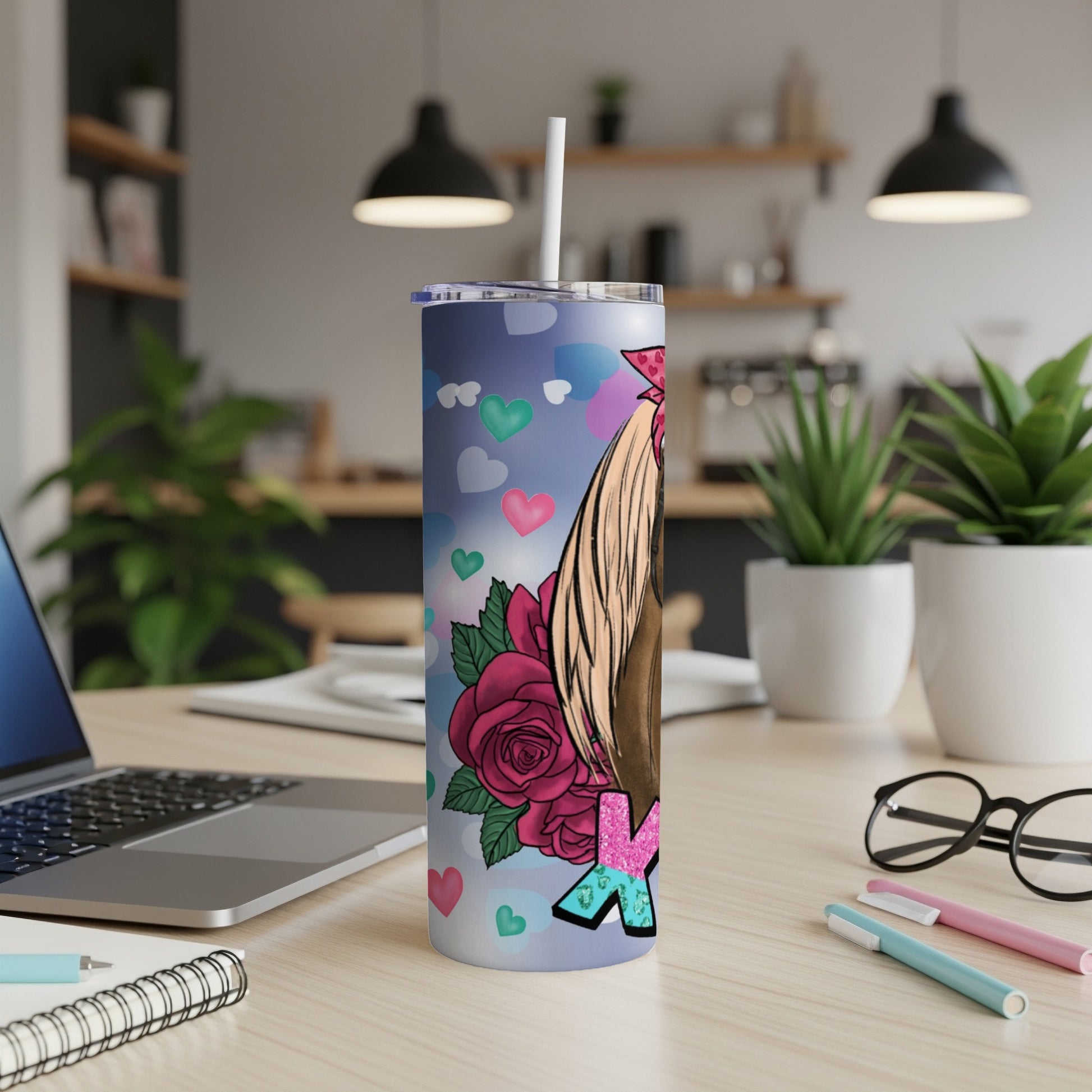 Tumbler with dog portrait, roses, and hearts.