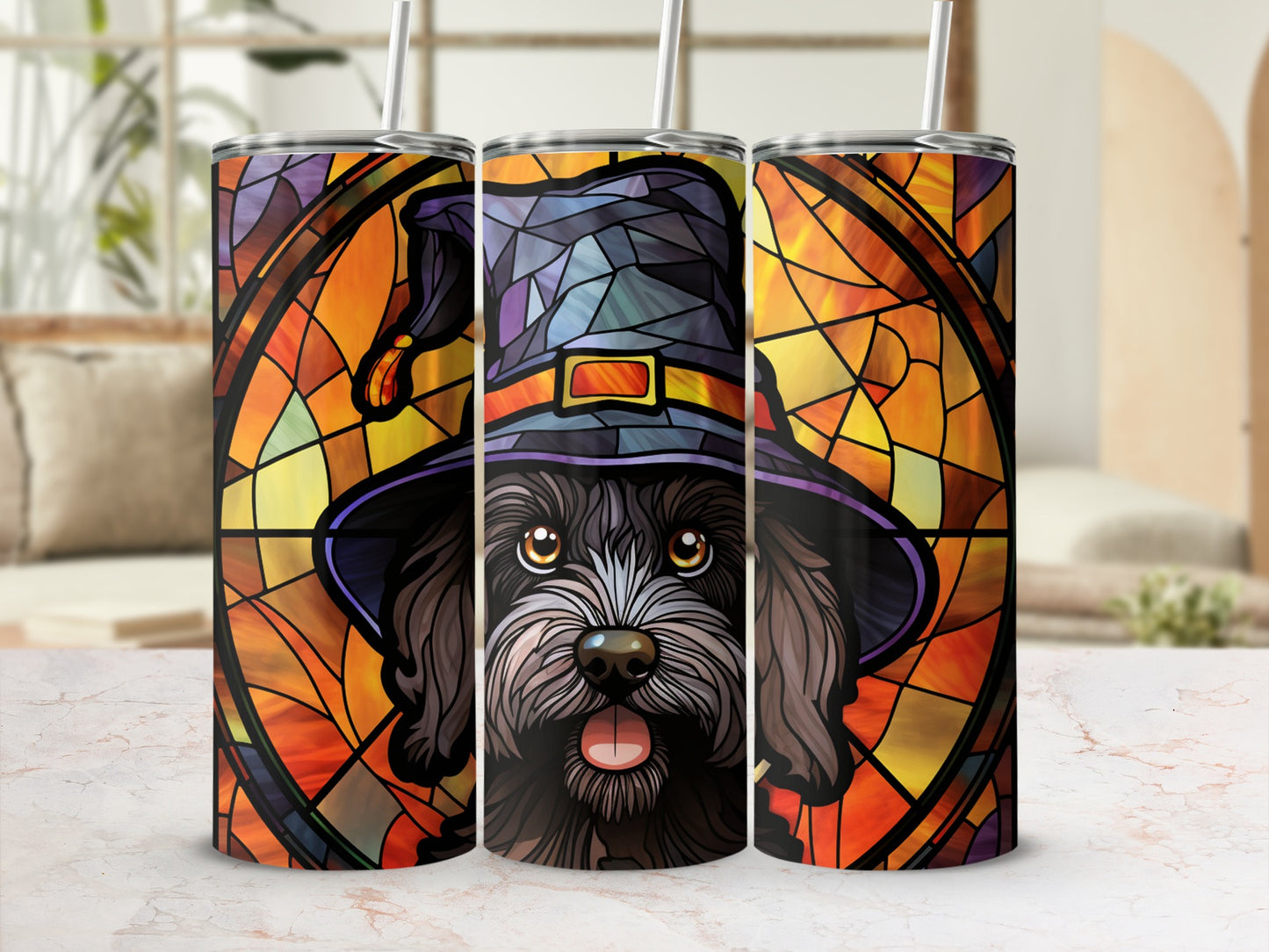 Dog wearing a witch hat on a stained glass background.