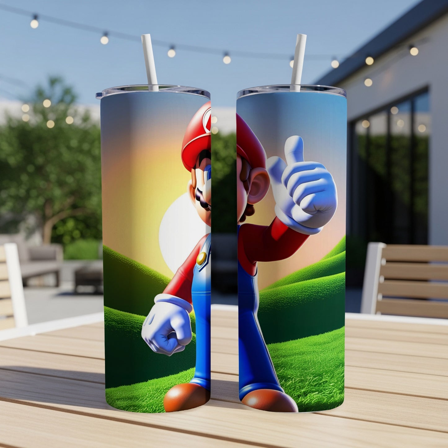 Mario giving a thumbs up with a grassy landscape and sun.