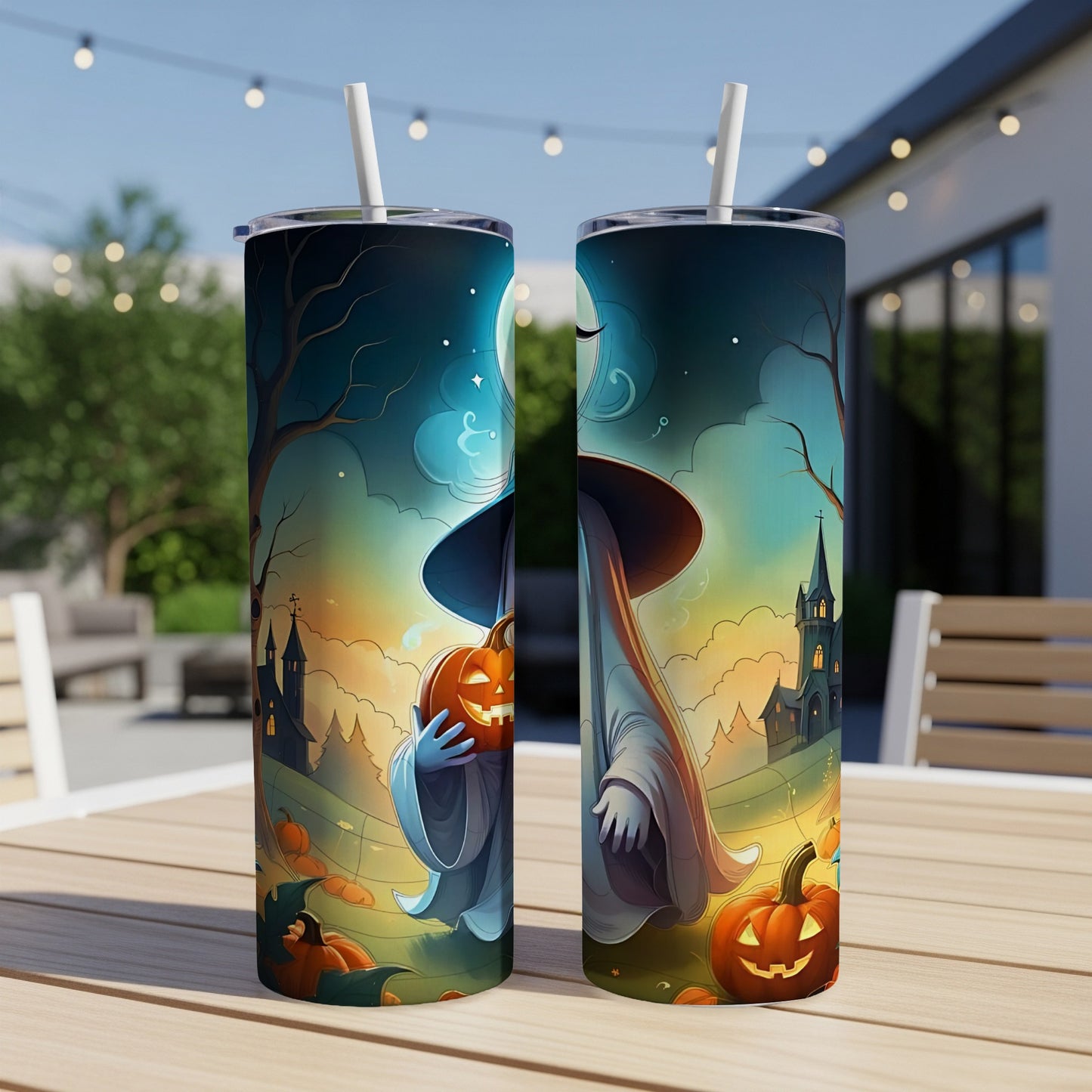 Halloween tumblers with a witch holding a pumpkin and a spooky landscape.