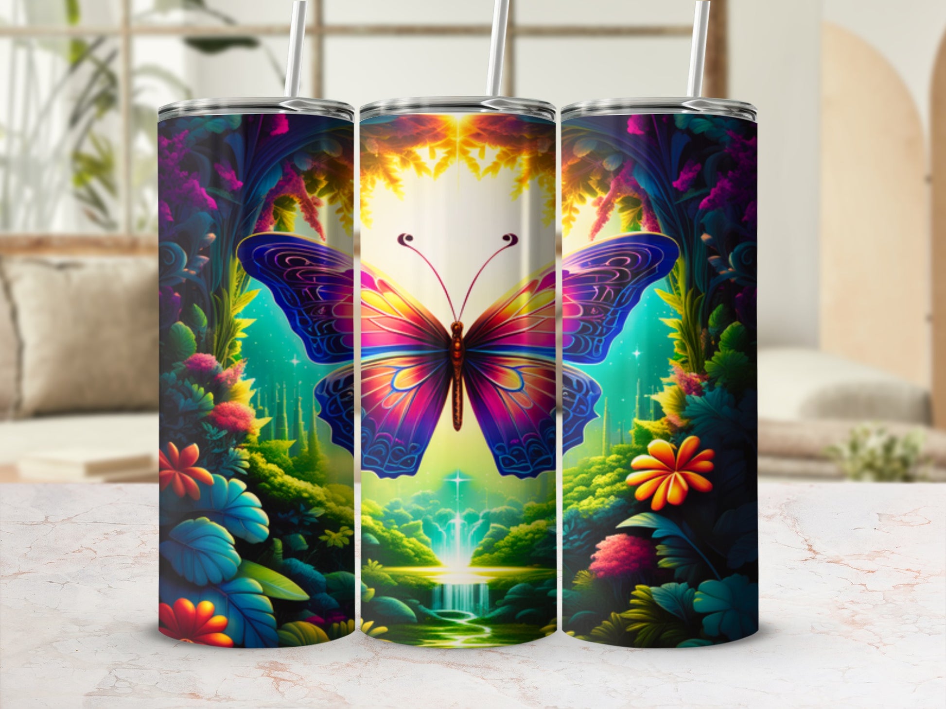 Enchanted forest scene with a large butterfly on a vibrant, colorful tumbler.
