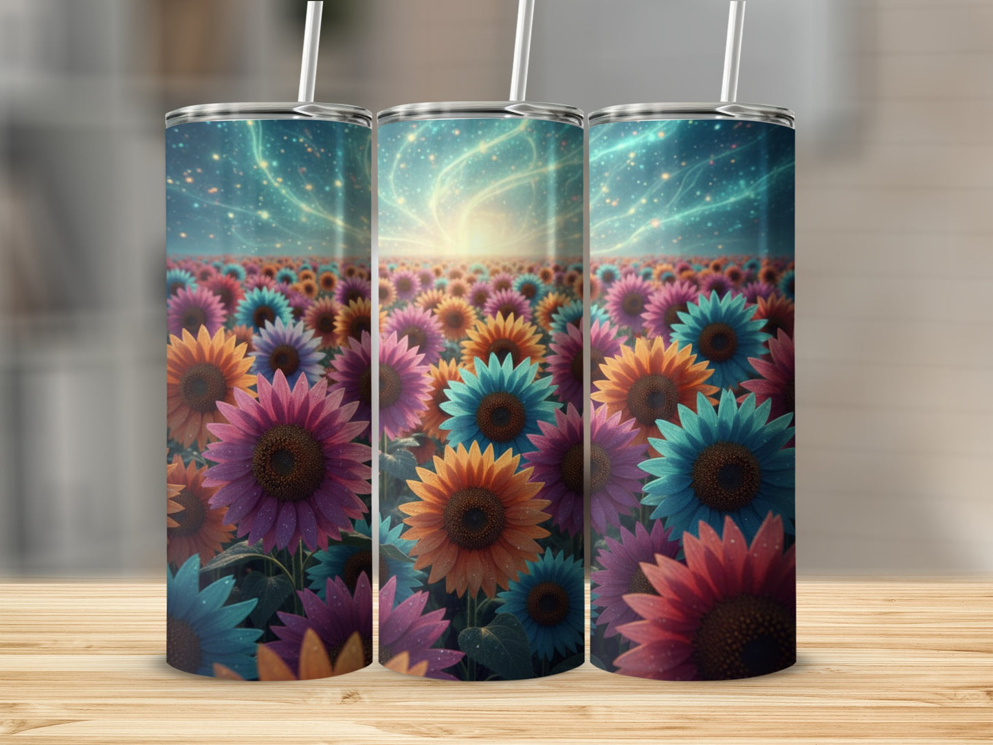Colorful Sunflowers and Galaxy Background Tumbler