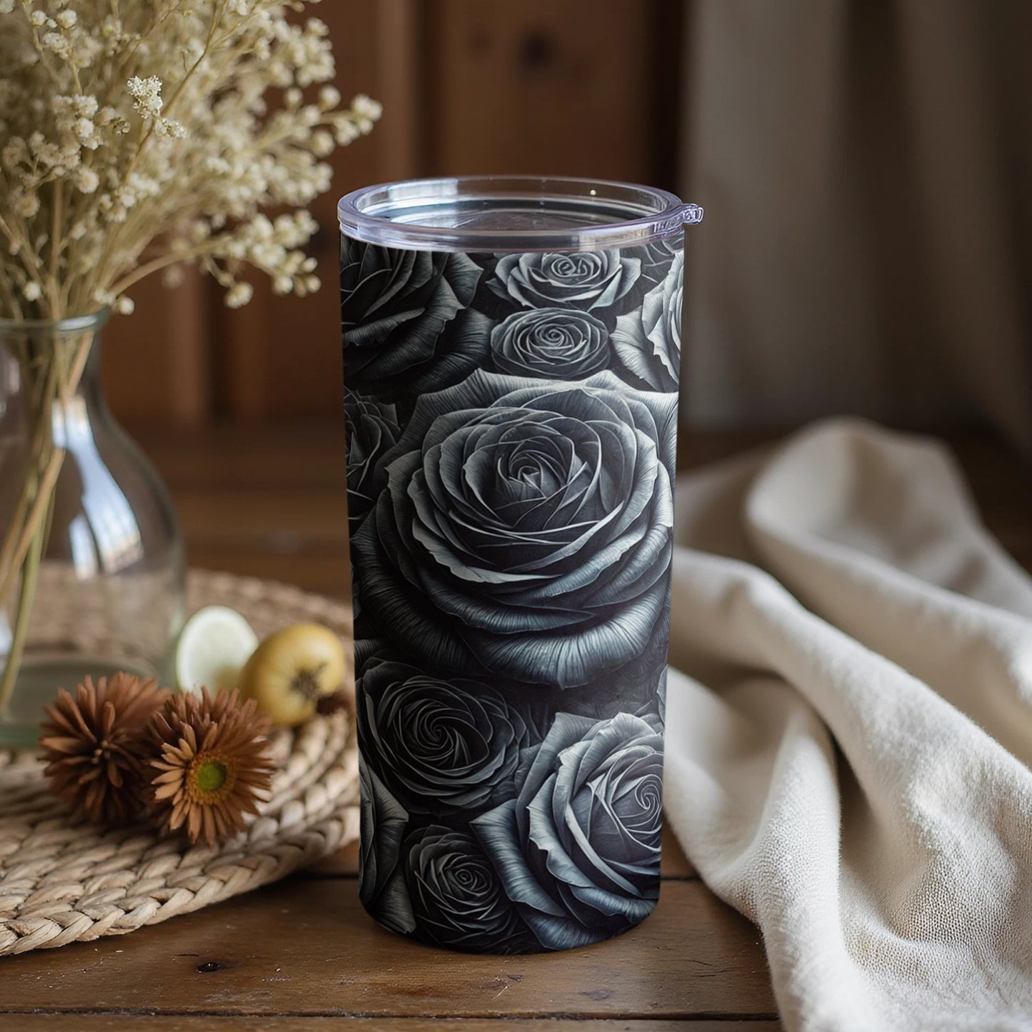 Elegant Monochrome Rose Design Travel Tumbler