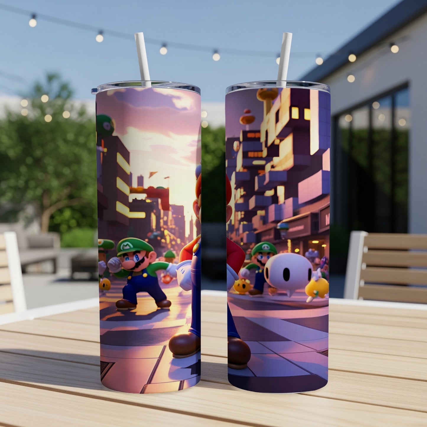 Mario and Toad walk in a city street with city buildings in the background.