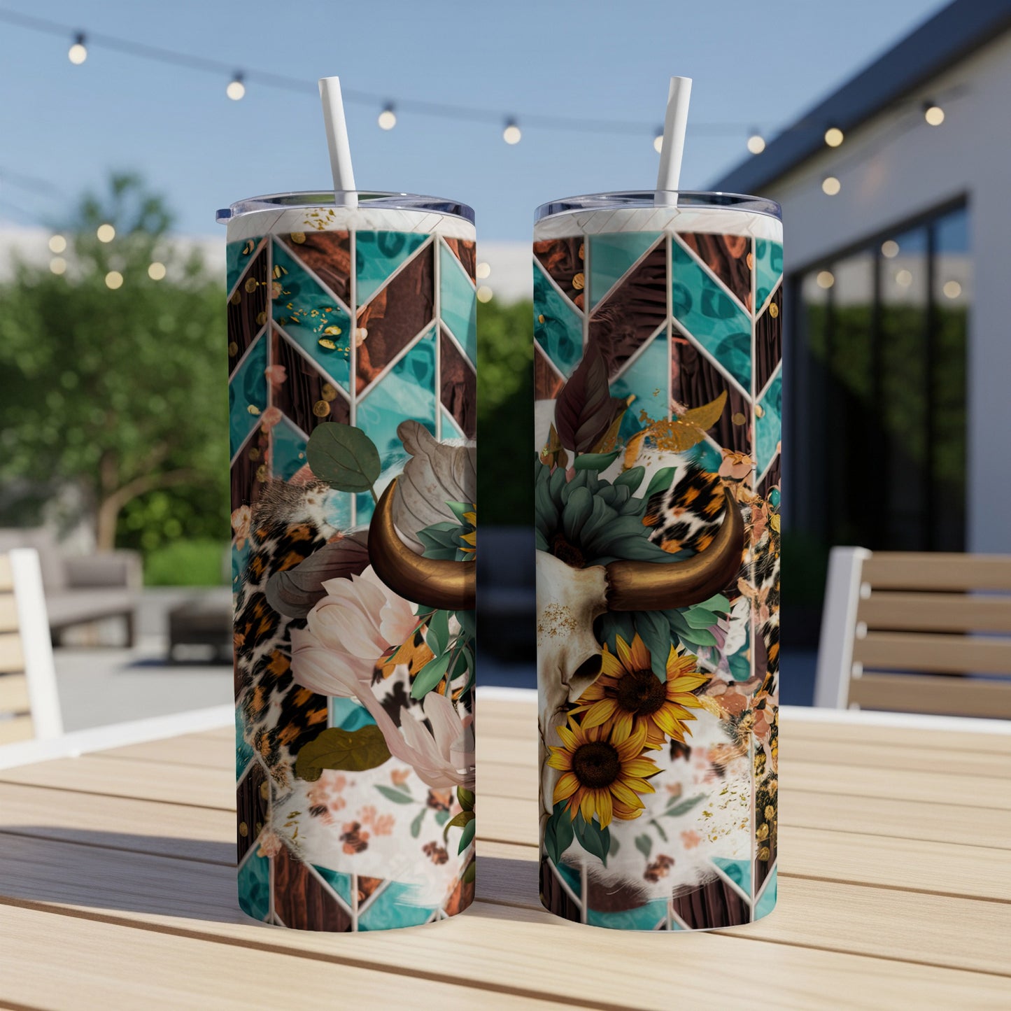 Two tall tumblers with a bull skull and floral pattern on a table.