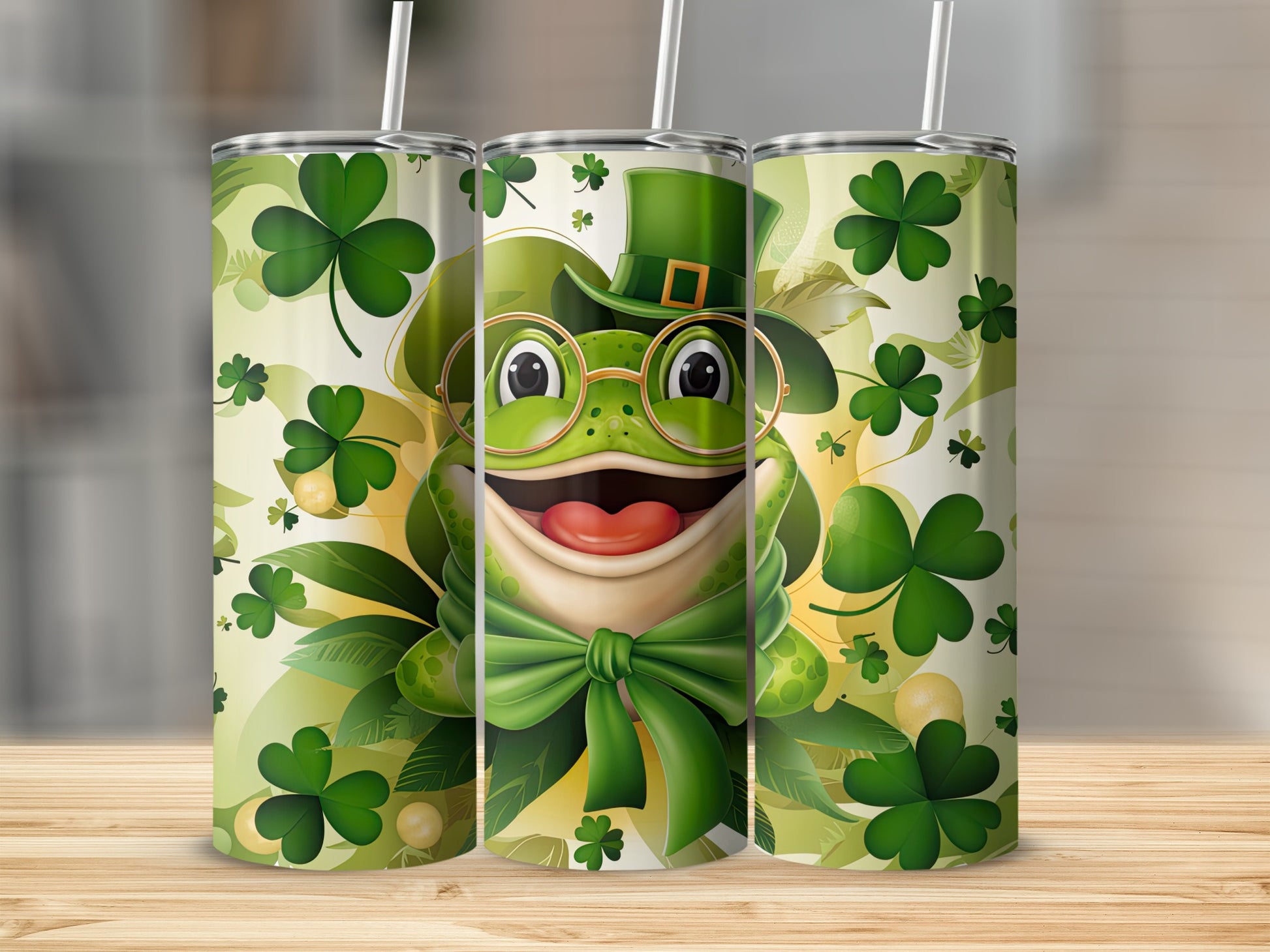 St. Patrick's Day frog in a hat and glasses with shamrocks.
